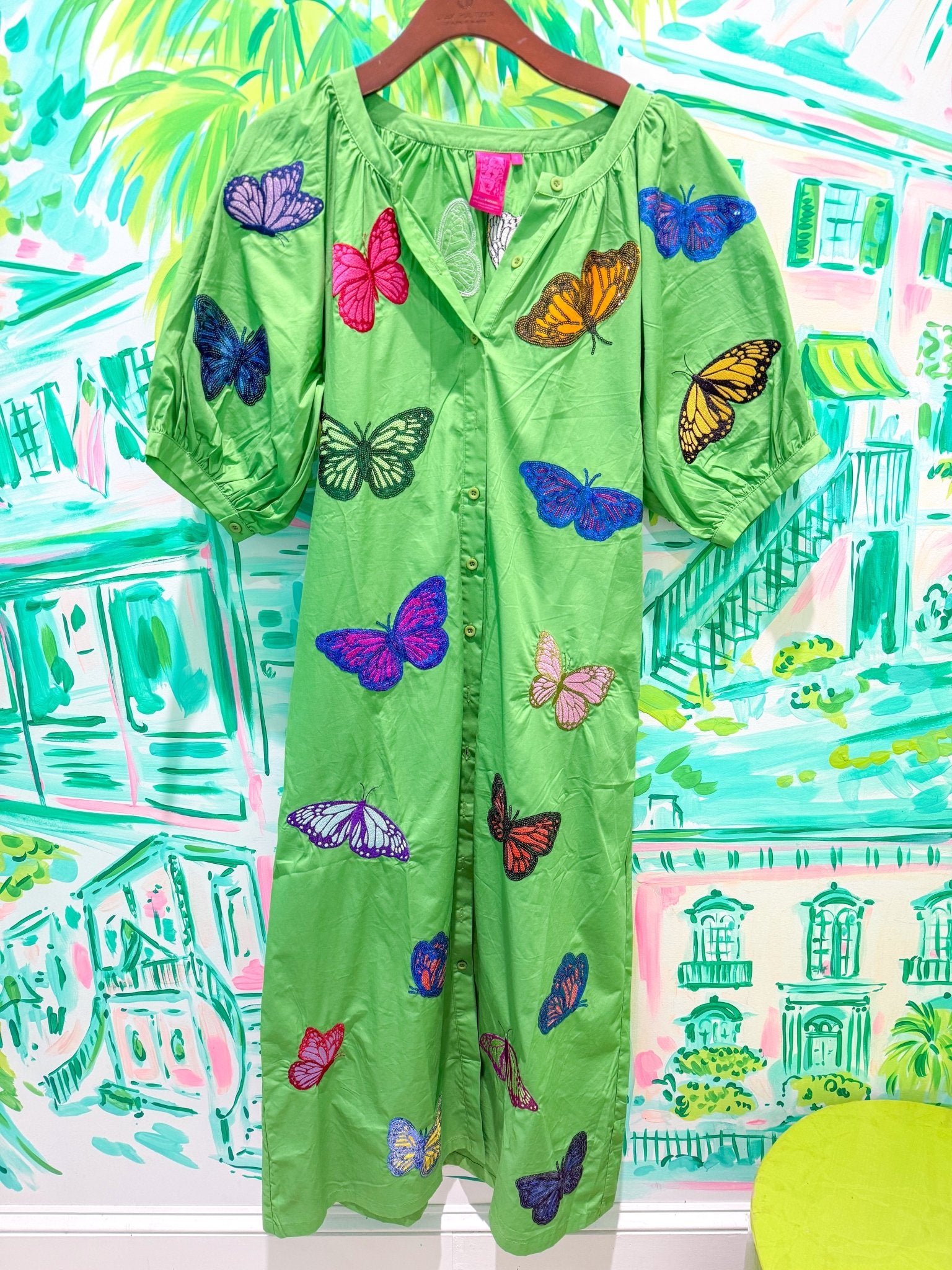 Green Multi Butterfly Button Up Cotton Midi DressQueen of SparklesThe Printed Peach Savannah