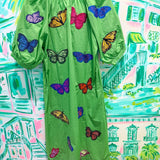 Green Multi Butterfly Button Up Cotton Midi DressQueen of SparklesThe Printed Peach Savannah