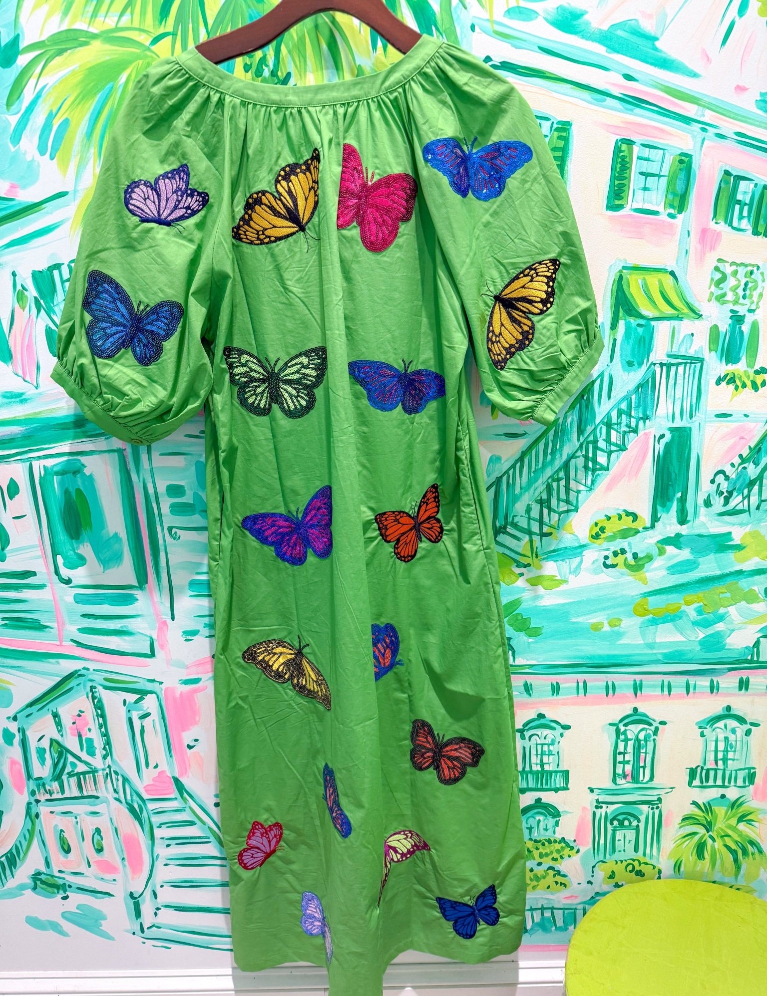 Green Multi Butterfly Button Up Cotton Midi DressQueen of SparklesThe Printed Peach Savannah