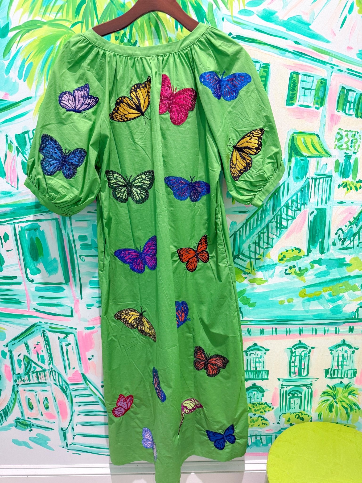Green Multi Butterfly Button Up Cotton Midi DressQueen of SparklesThe Printed Peach Savannah