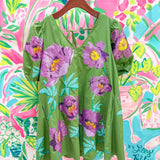 Green & Purple Poof Sleeve Flower Cotton DressQueen of SparklesThe Printed Peach Savannah