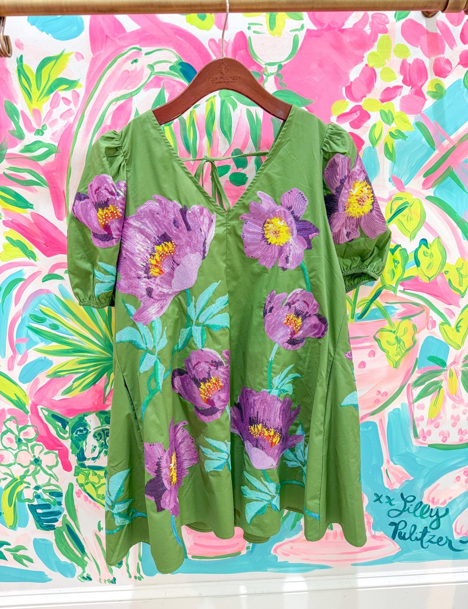 Green & Purple Poof Sleeve Flower Cotton DressQueen of SparklesThe Printed Peach Savannah