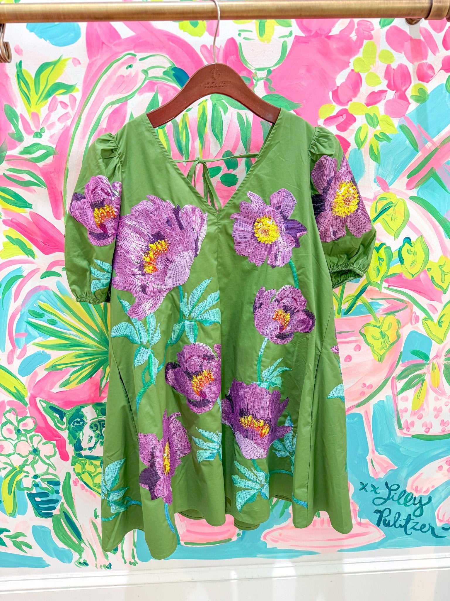 Green & Purple Poof Sleeve Flower Cotton DressQueen of SparklesThe Printed Peach Savannah