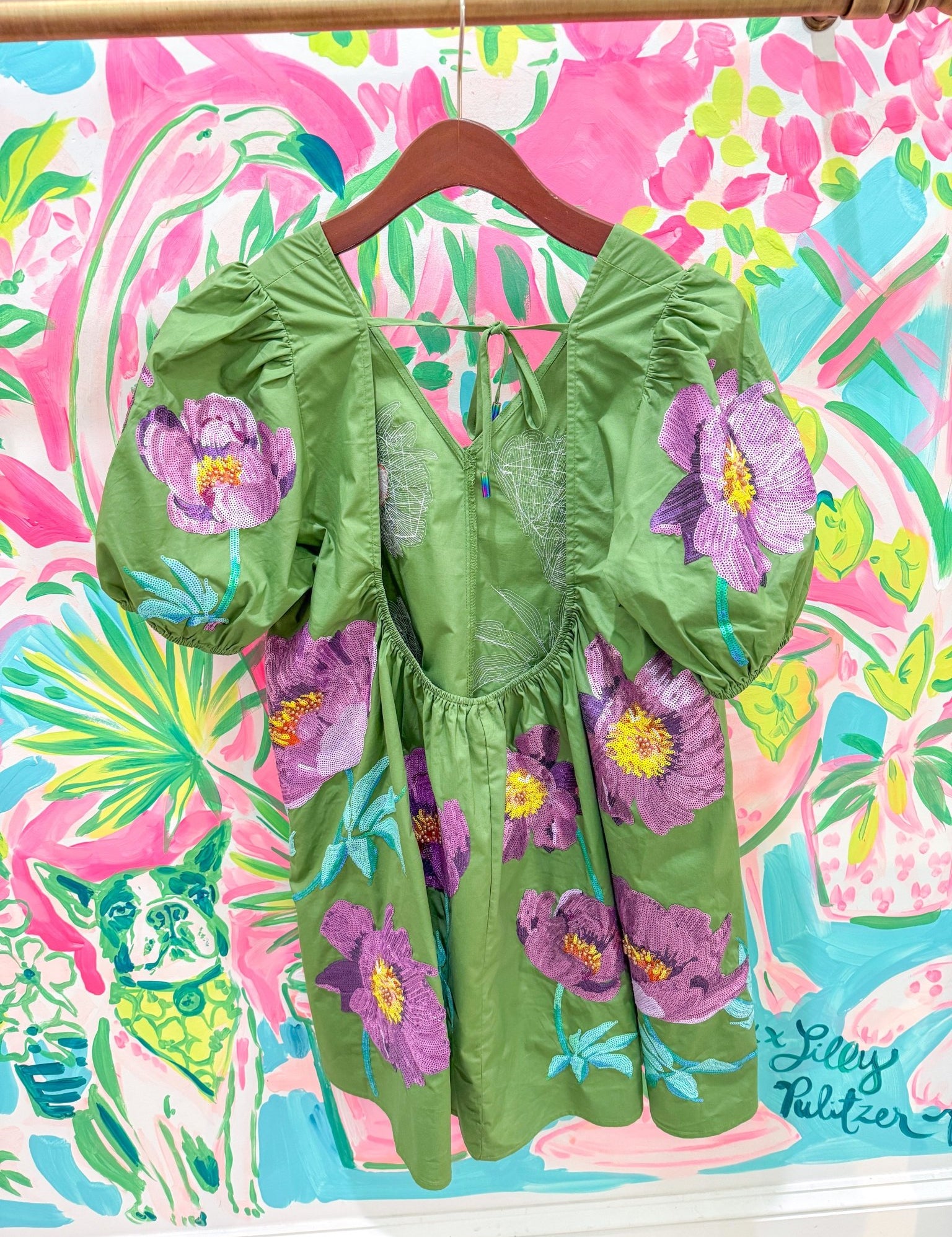 Green & Purple Poof Sleeve Flower Cotton DressQueen of SparklesThe Printed Peach Savannah