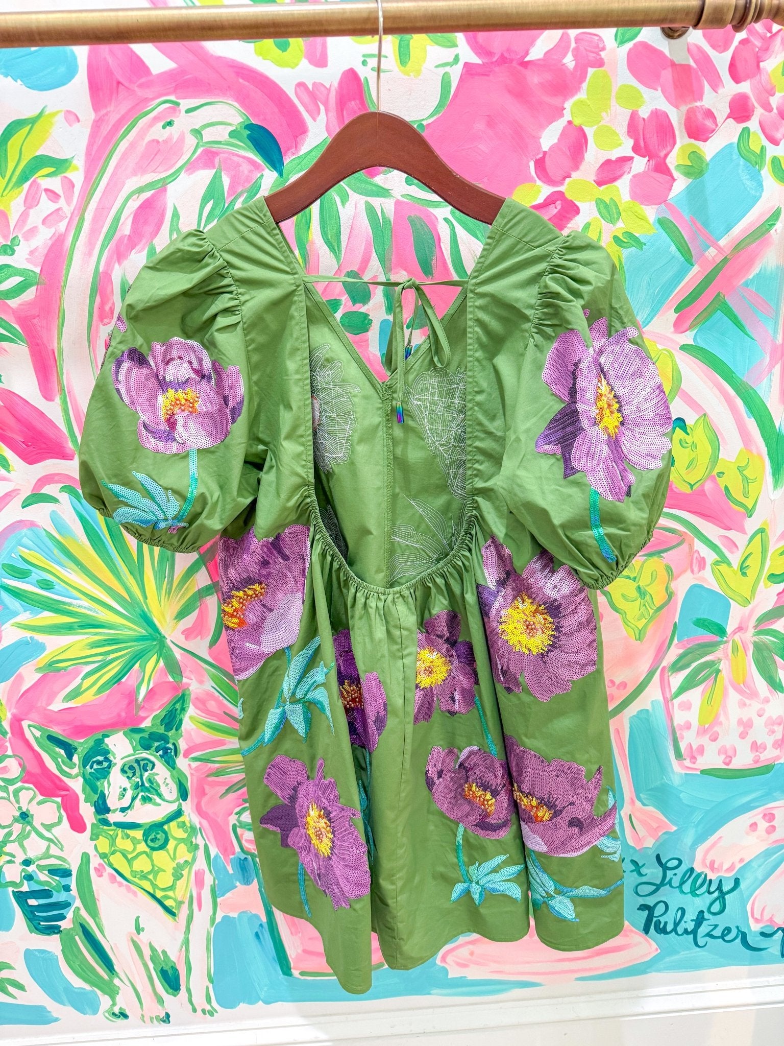 Green & Purple Poof Sleeve Flower Cotton DressQueen of SparklesThe Printed Peach Savannah