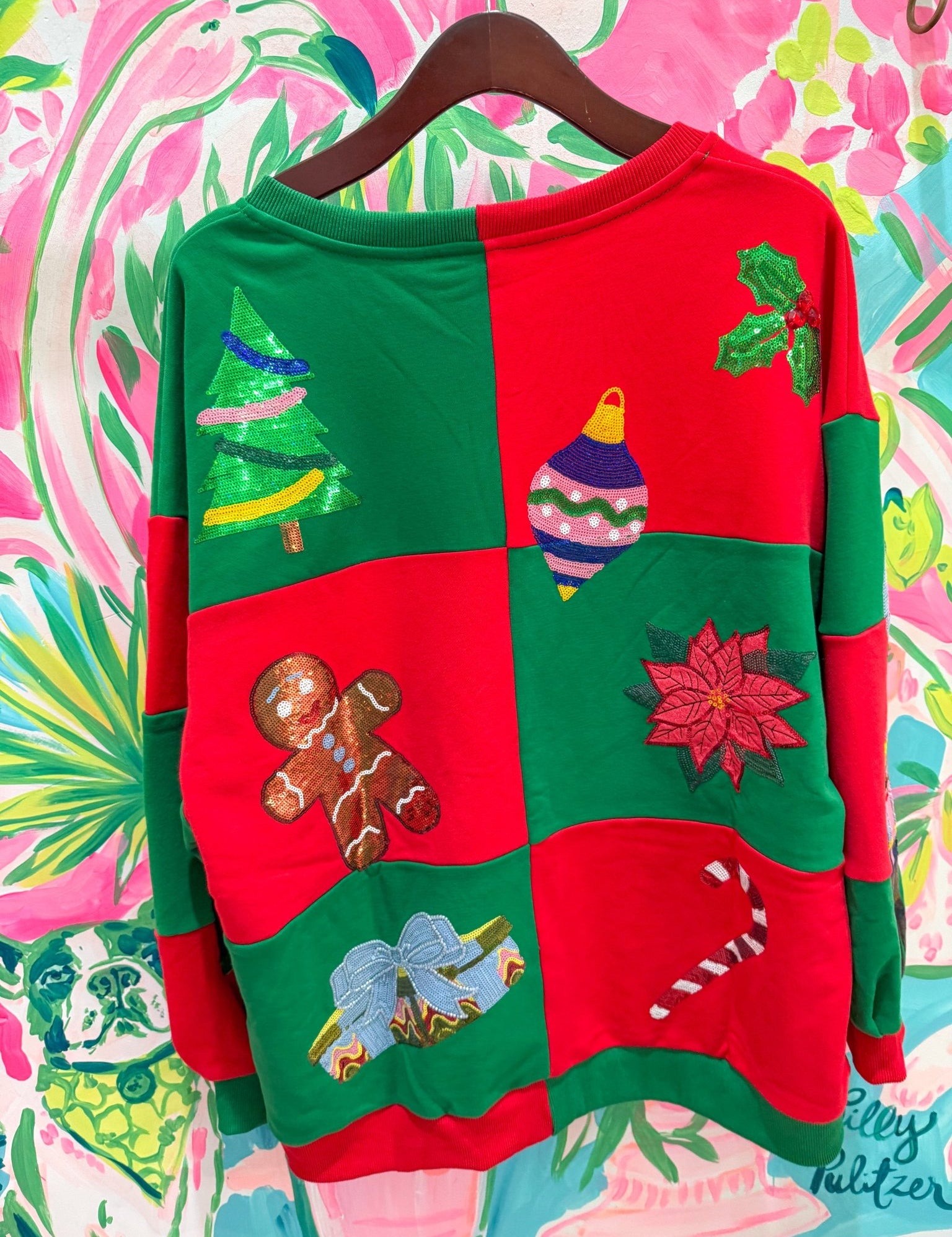 Green & Red Checkered Christmas Icons SweatshirtQueen of SparklesThe Printed Peach Savannah