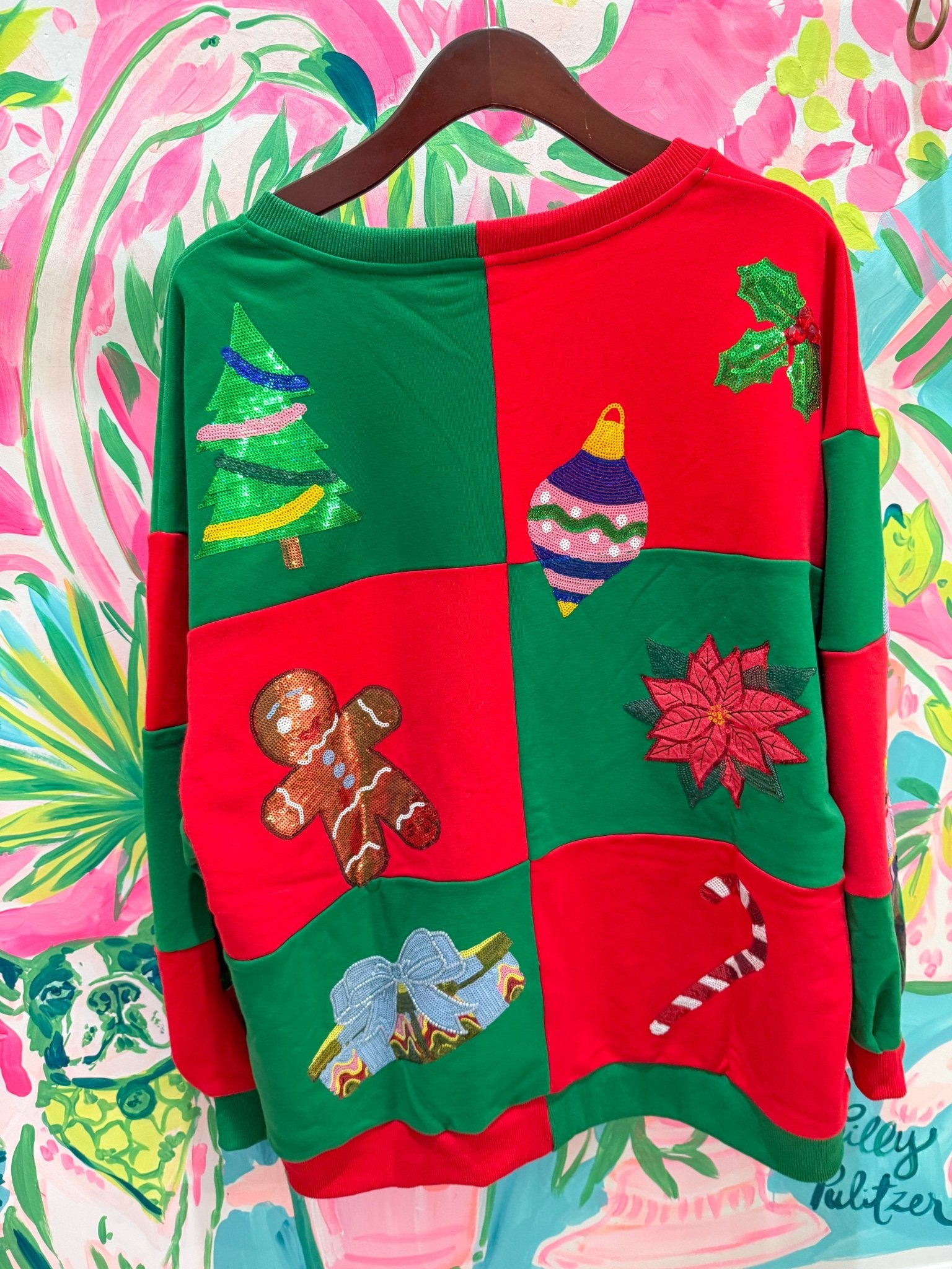 Green & Red Checkered Christmas Icons SweatshirtQueen of SparklesThe Printed Peach Savannah