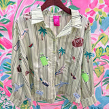 Green Striped Travel Icon Button Up Long Sleeve TopQueen of SparklesThe Printed Peach Savannah