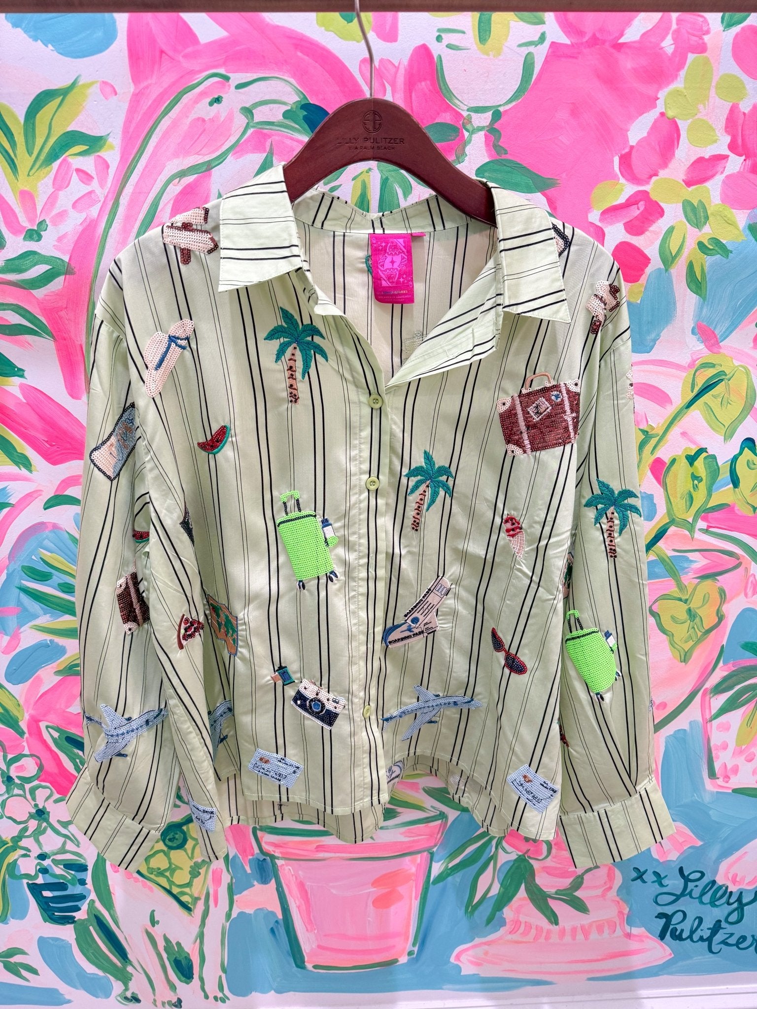 Green Striped Travel Icon Button Up Long Sleeve TopQueen of SparklesThe Printed Peach Savannah