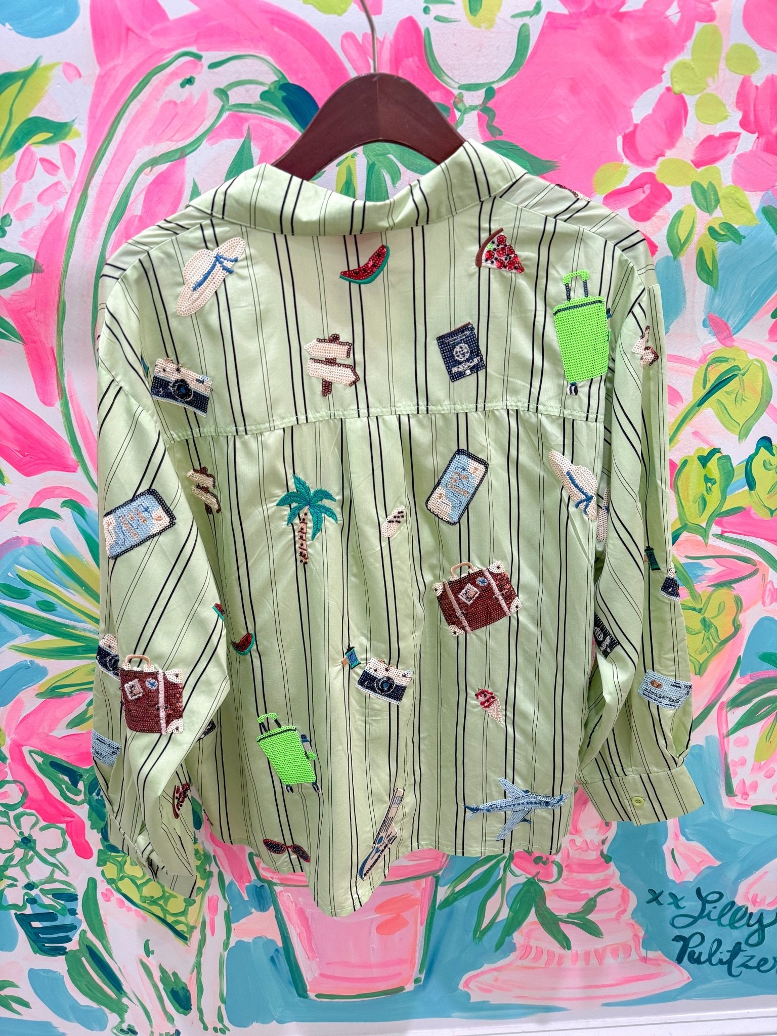 Green Striped Travel Icon Button Up Long Sleeve TopQueen of SparklesThe Printed Peach Savannah