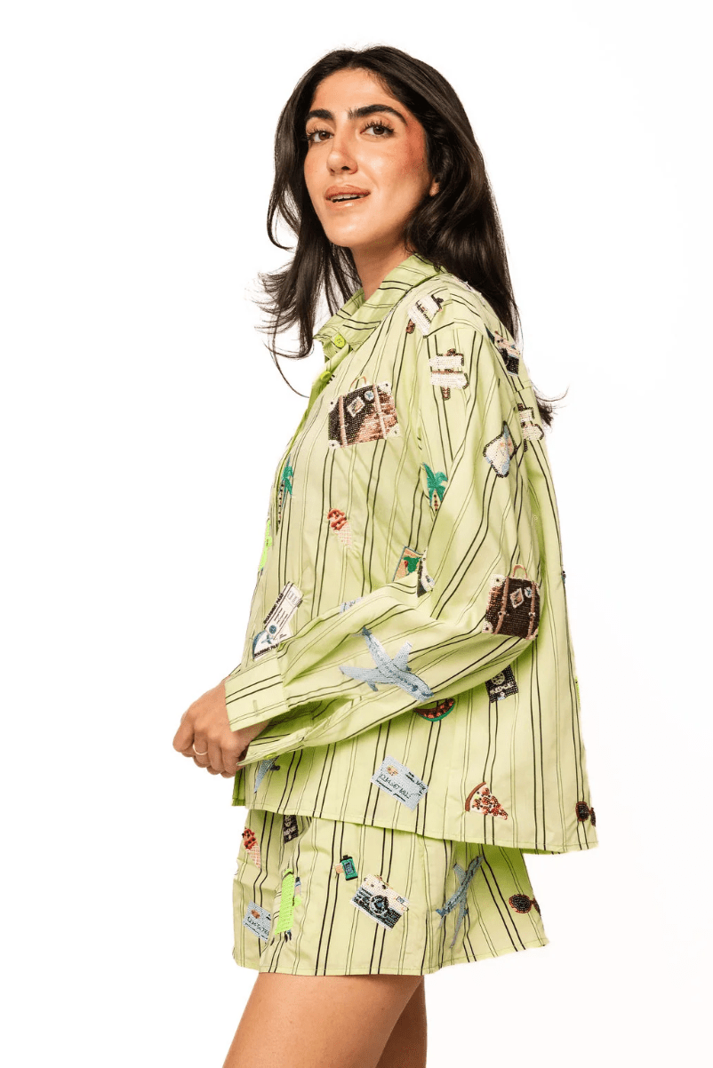 Green Striped Travel Icon ShortWomen - Bottoms - ShortsQueen of SparklesThe Printed Peach Savannah
