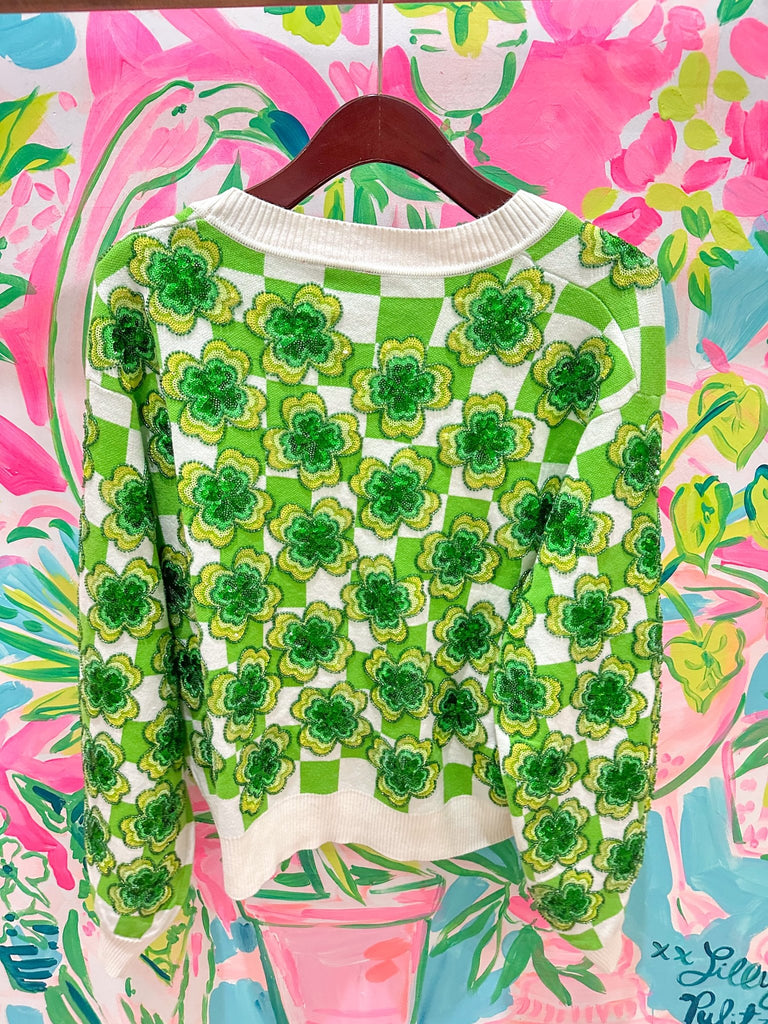 Green & White Checkered Sequin Shamrock CardiganHeartland Retail ItemsQueen of SparklesThe Printed Peach Savannah