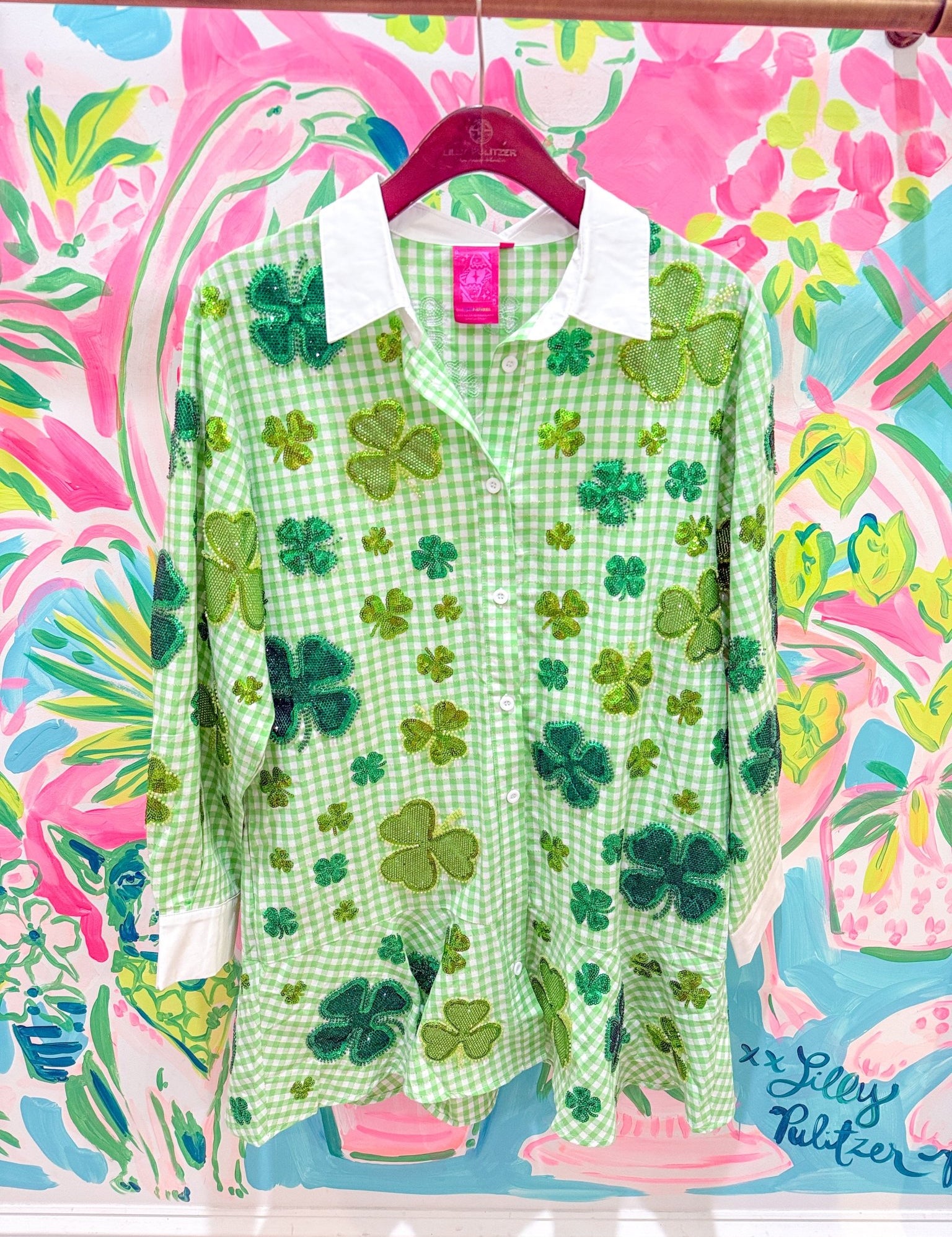 Green & White Plaid Rhinestone Shamrock Collar Cotton Dress The Printed Peach Savannah Green & White Plaid Rhinestone Shamrock Collar Cotton Dress The Printed Peach Savannah