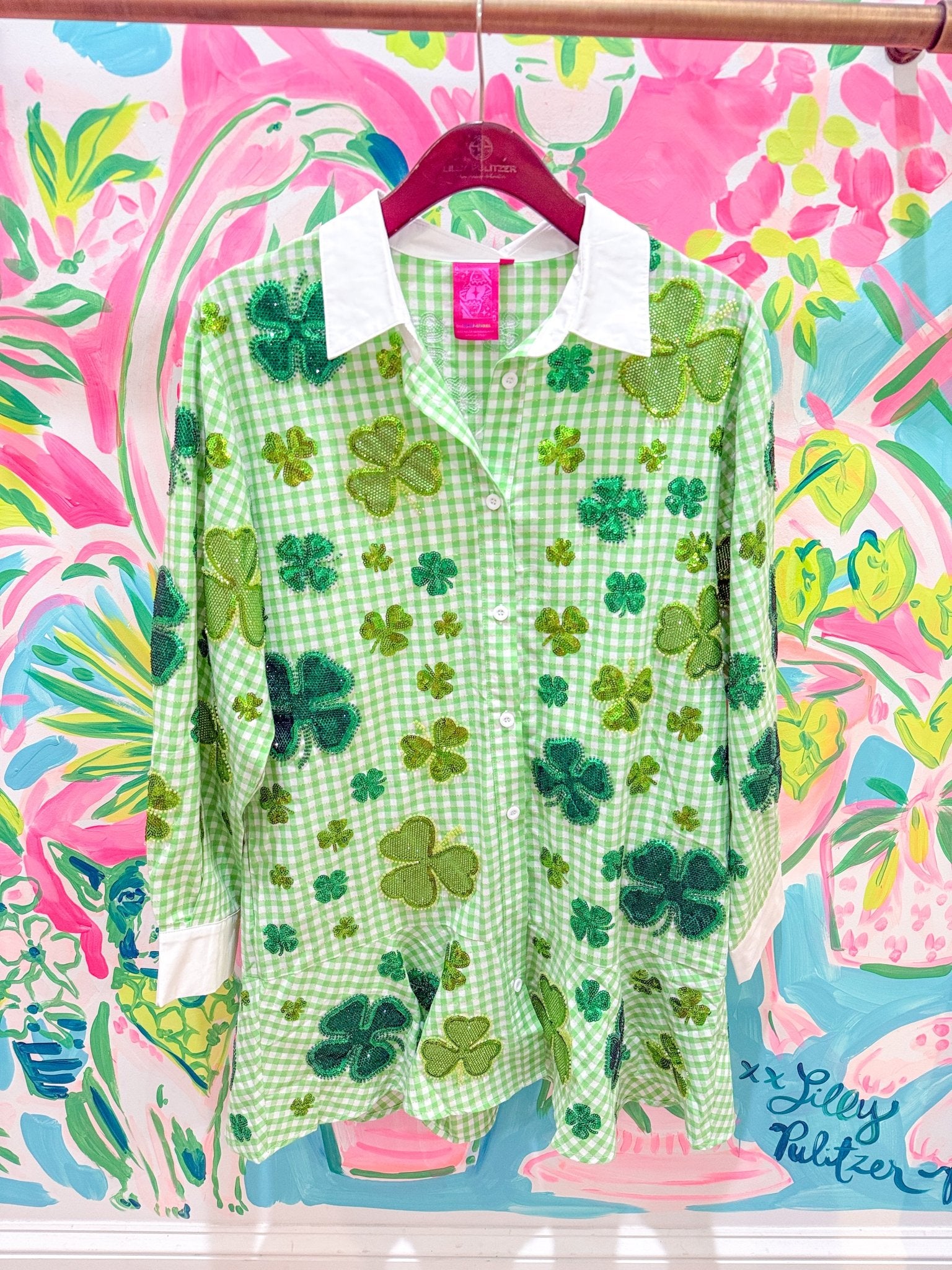 Green & White Plaid Rhinestone Shamrock Collar Cotton DressQueen of SparklesThe Printed Peach Savannah