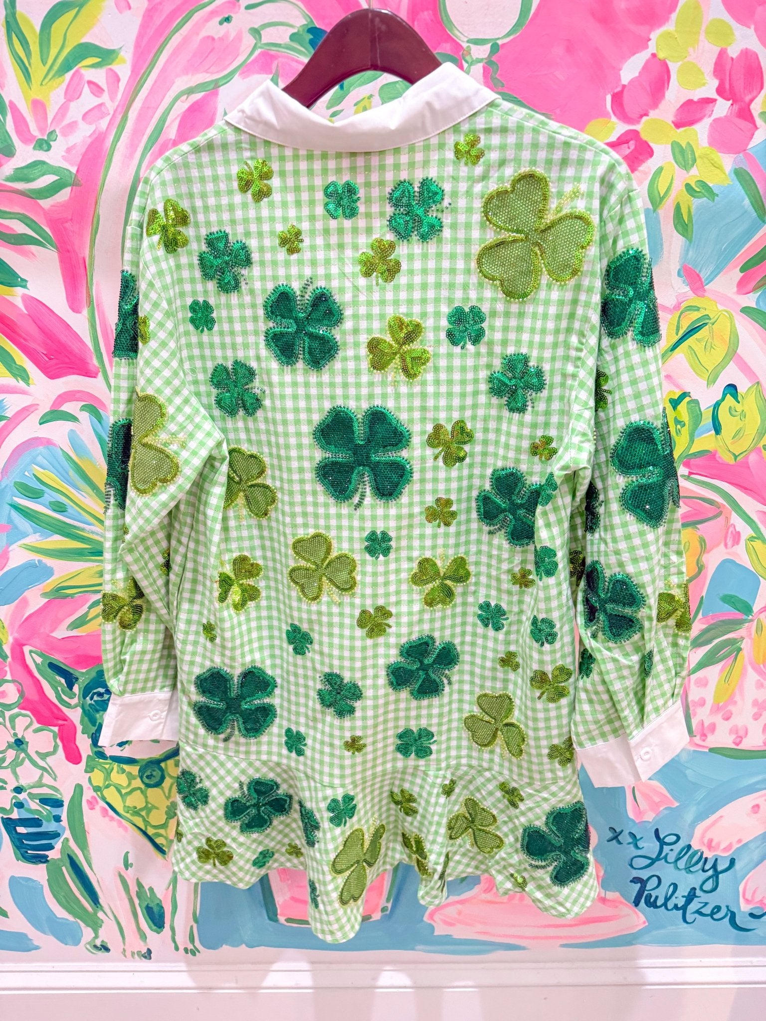 Green & White Plaid Rhinestone Shamrock Collar Cotton DressQueen of SparklesThe Printed Peach Savannah