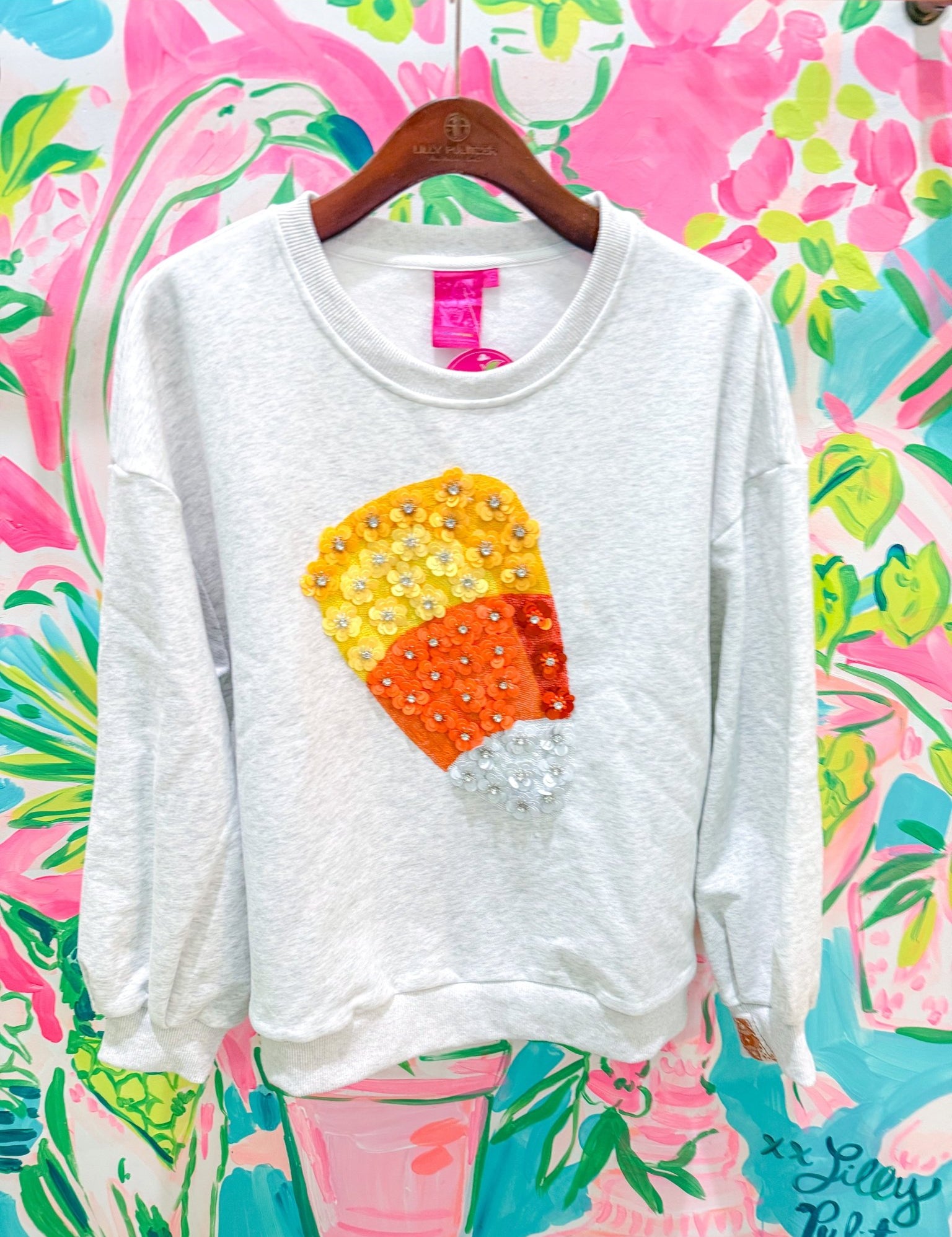 Grey Sequin Flower Candy Candy Corn SweatshirtQueen of SparklesThe Printed Peach Savannah