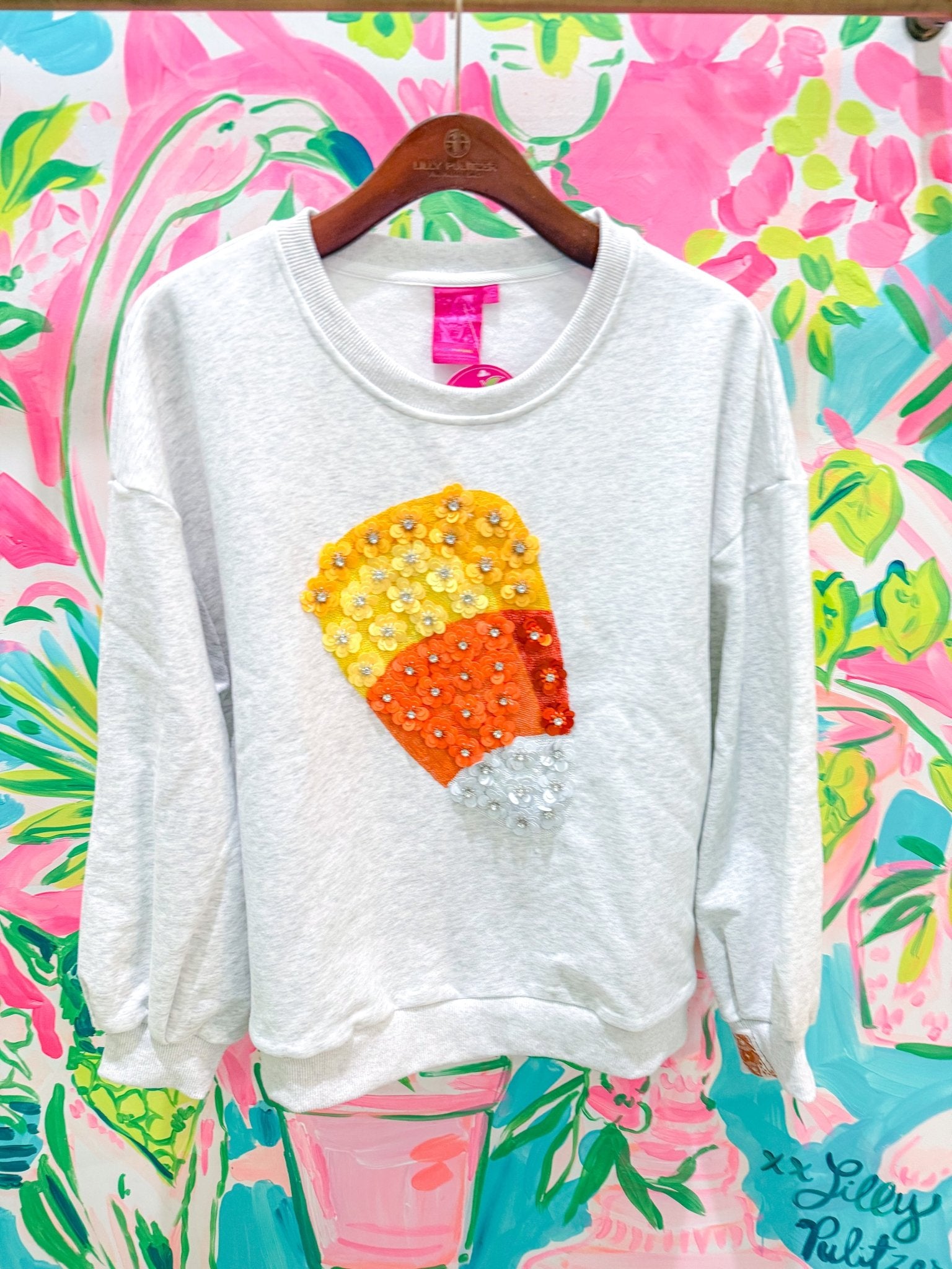 Grey Sequin Flower Candy Candy Corn SweatshirtQueen of SparklesThe Printed Peach Savannah