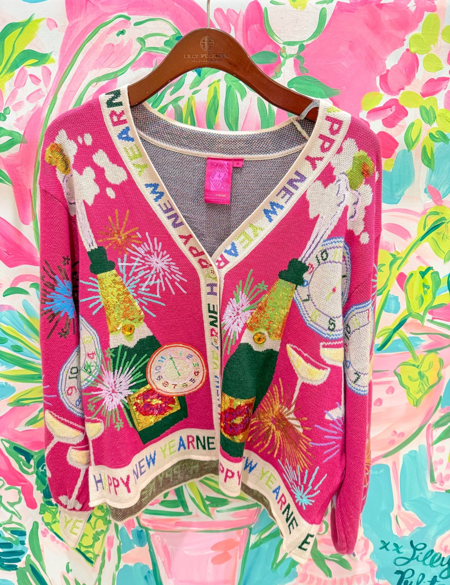 Hot Pink NYE Icon Button Up Cardigan With 'Happy New Year' TrimQueen of SparklesThe Printed Peach Savannah