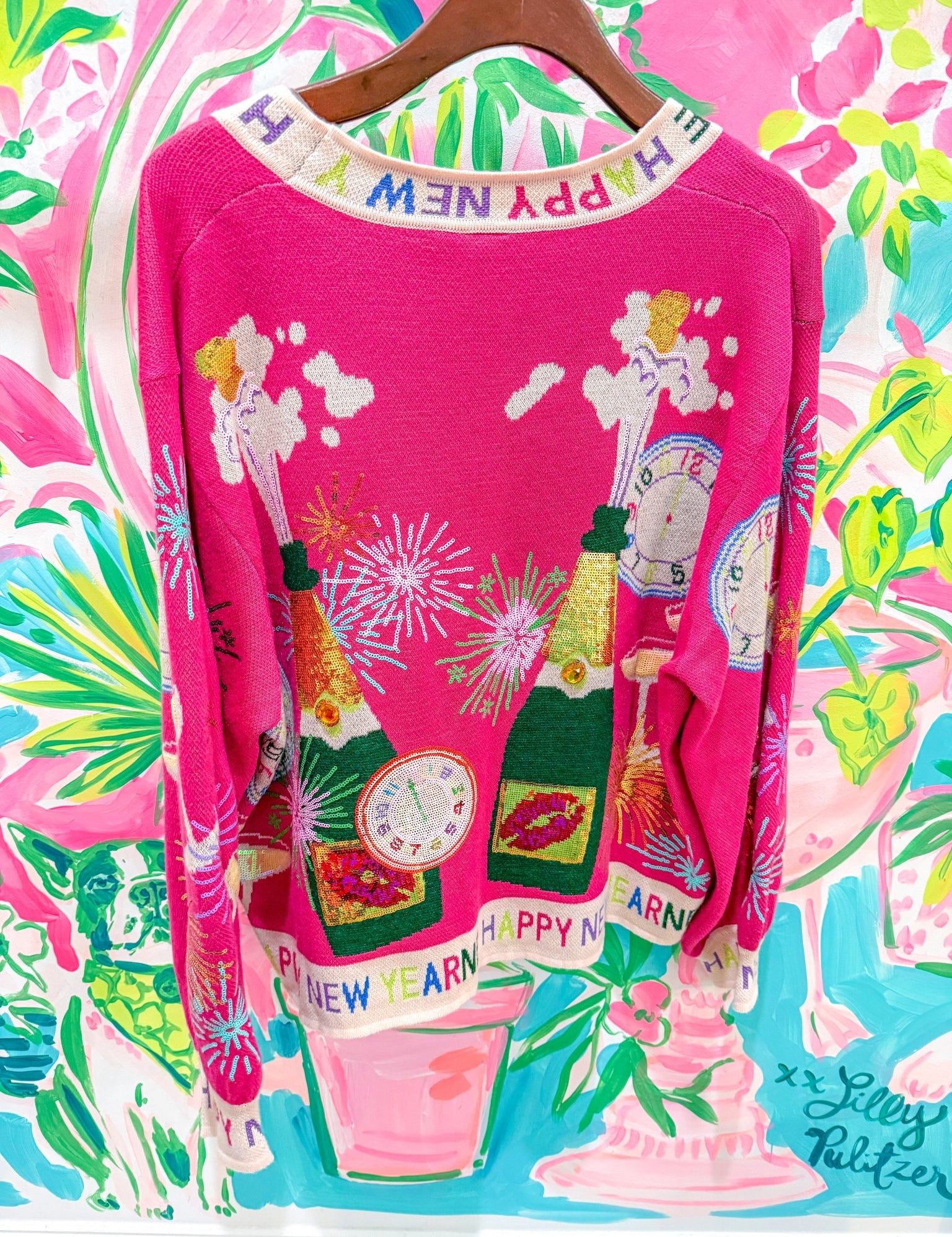 Hot Pink NYE Icon Button Up Cardigan With 'Happy New Year' TrimQueen of SparklesThe Printed Peach Savannah
