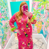 Hot Pink Popping Champagne Bottle & Coupe Feather Sleeve Midi DressQueen of SparklesThe Printed Peach Savannah