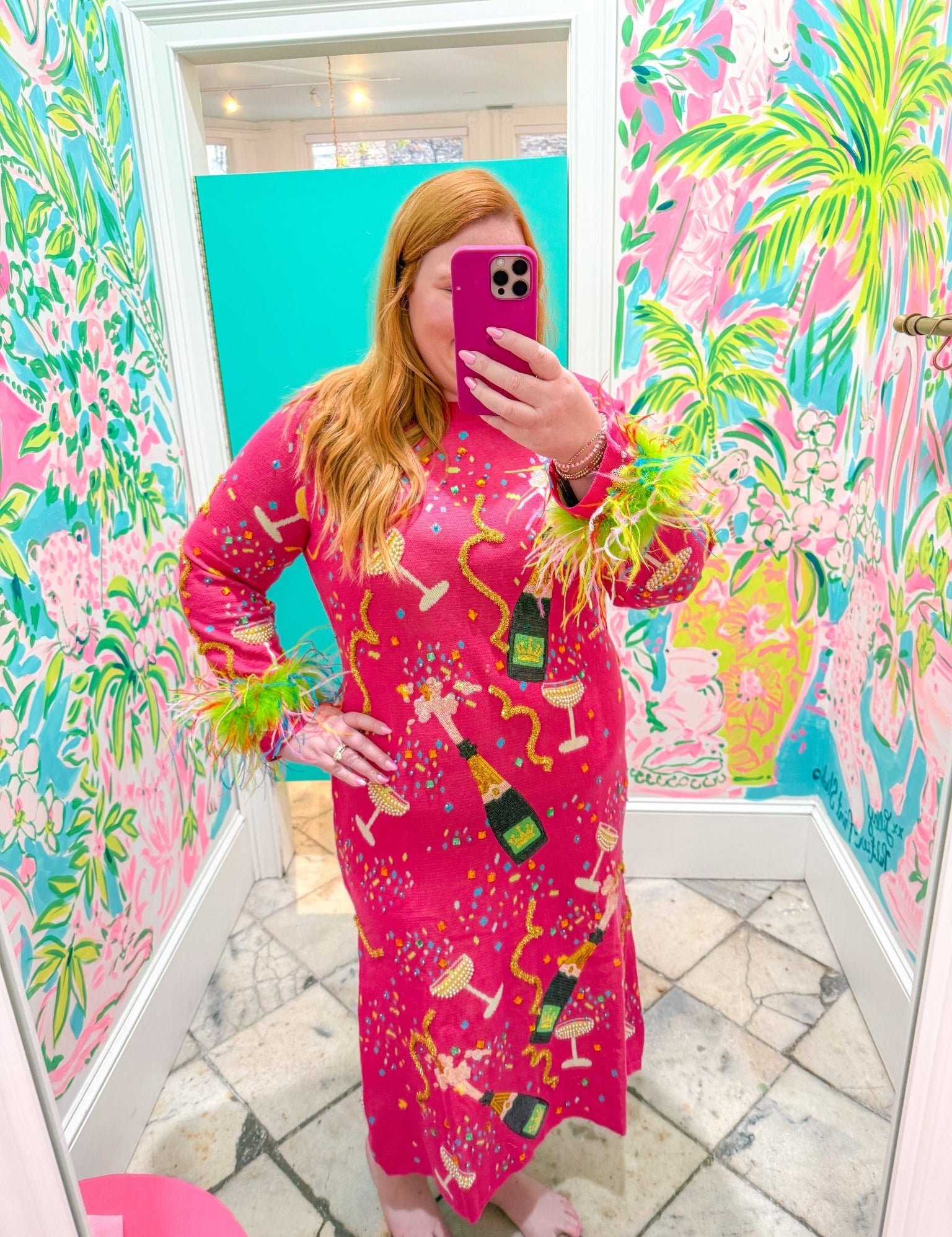 Hot Pink Popping Champagne Bottle & Coupe Feather Sleeve Midi DressQueen of SparklesThe Printed Peach Savannah