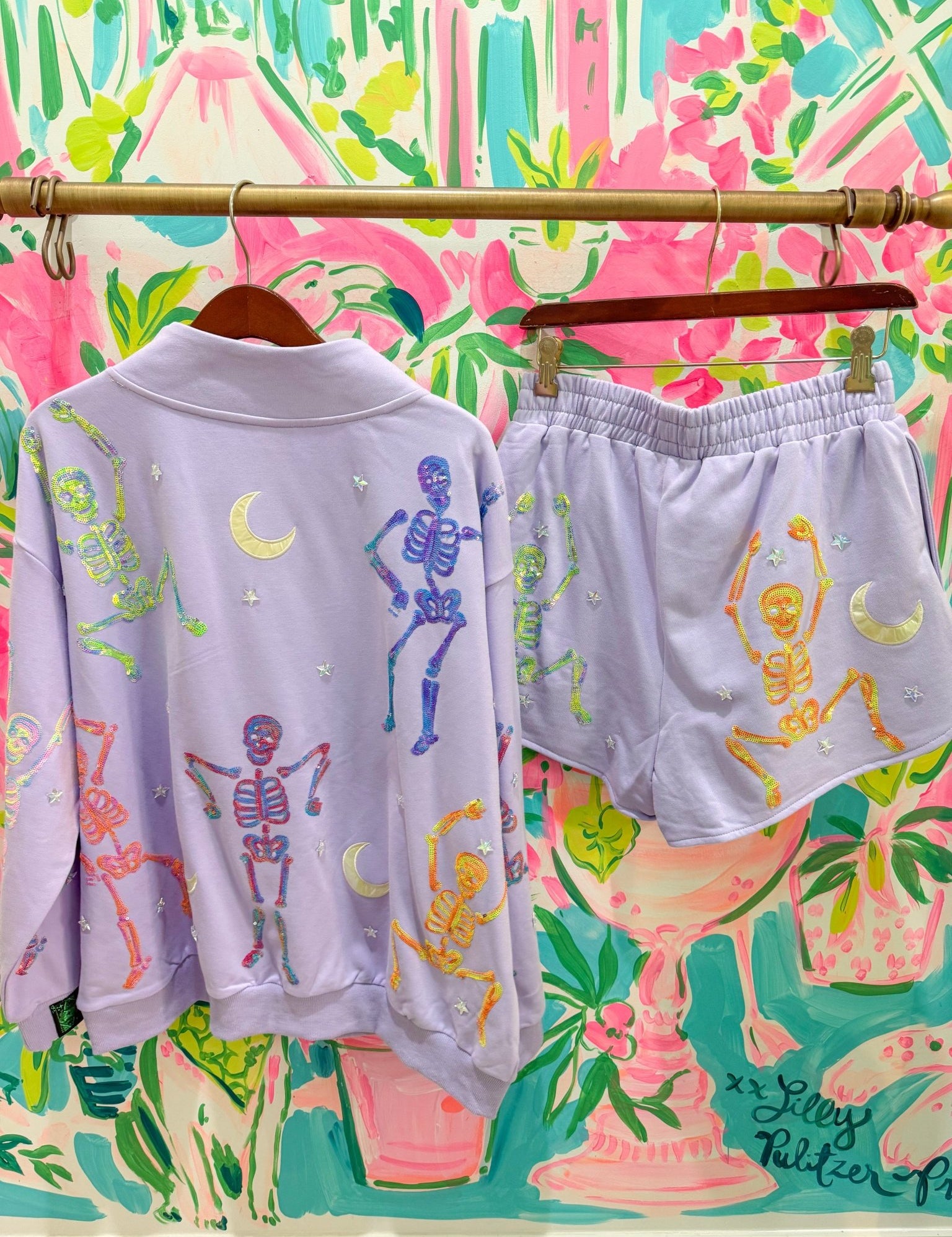 Lavender Multi Dancing Skeleton ShortWomens - Bottoms - ShortsQueen of SparklesThe Printed Peach Savannah