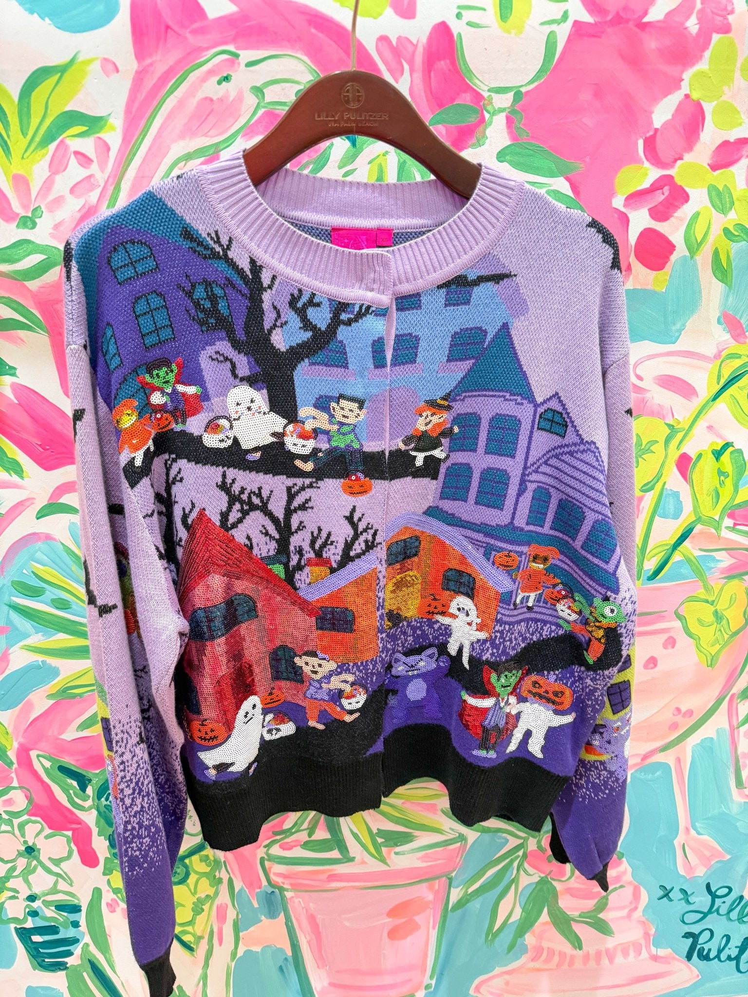 Lavender Multi Trick or Treating Scene CardiganQueen of SparklesThe Printed Peach Savannah