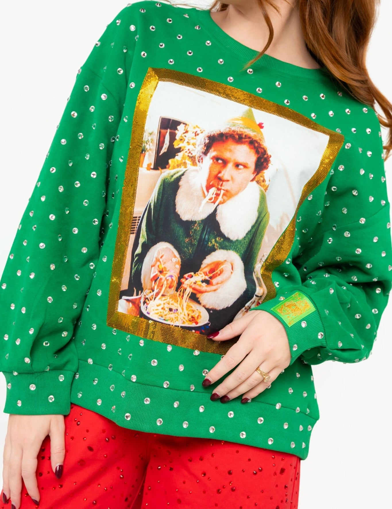 Licensed Green Buddy Candy Spaghetti Screenprint Scattered Rhinestone SweatshirtQueen of SparklesThe Printed Peach Savannah