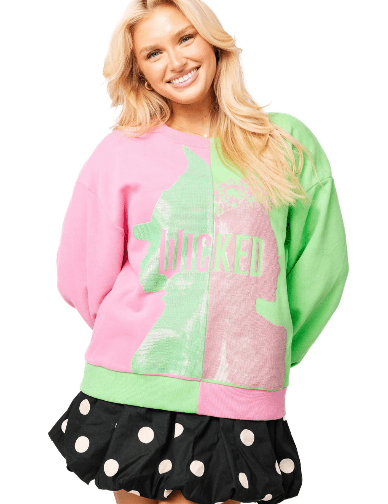 Licensed Green & Pink Colorblock Character Profile 'Wicked' SweatshirtWomens - Tops - Sweatshirts & PopoversQueen of SparklesThe Printed Peach Savannah