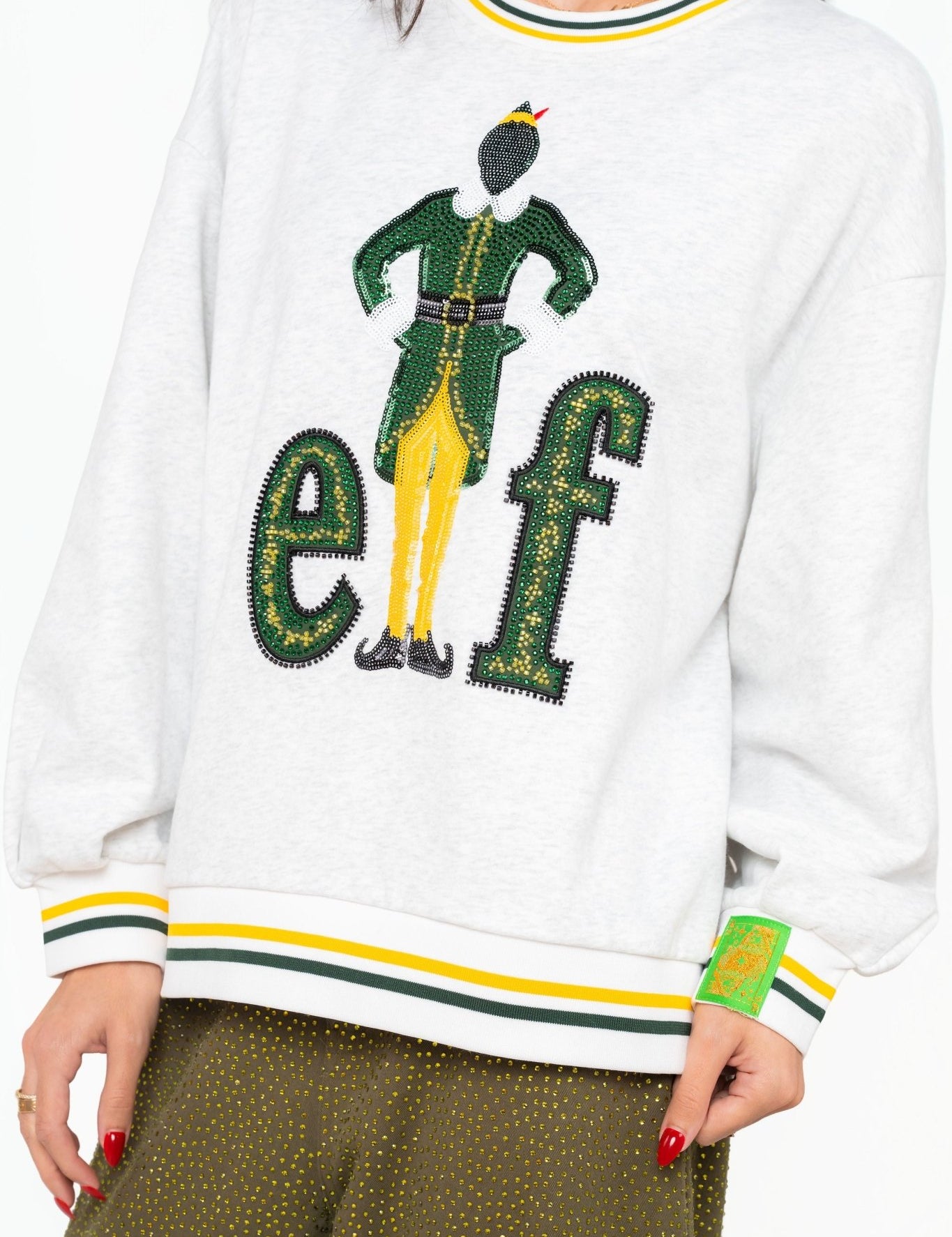 Licensed Grey Sequin & Beaded Elf Logo Striped Neck and Cuff SweatshirtQueen of SparklesThe Printed Peach Savannah