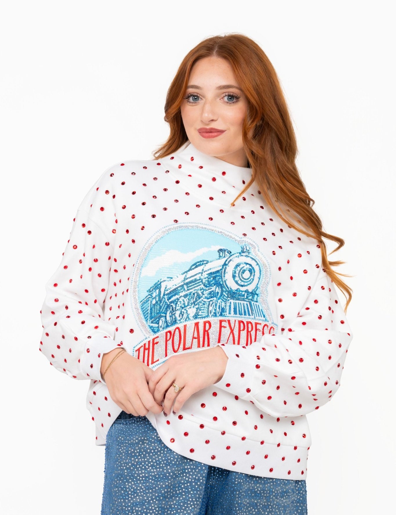 Licensed White Scattered Rhinestone Sequin, Rhinestone & Beaded Polar Express Train Mockneck SweatshirtQueen of SparklesThe Printed Peach Savannah