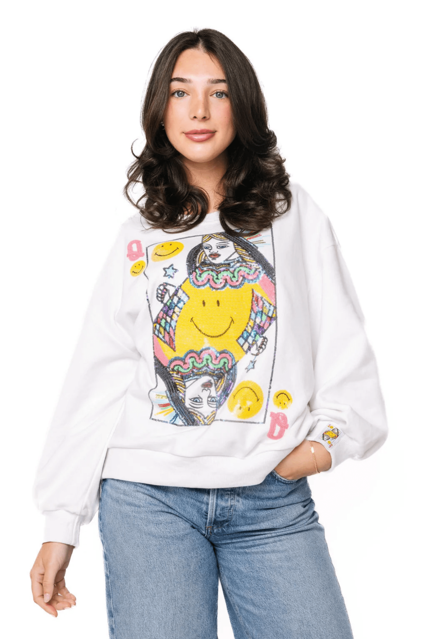 Licensed White Smiley Queen Card SweatshirtWomen - Tops - Sweatshirts & PopoversQueen of SparklesThe Printed Peach Savannah