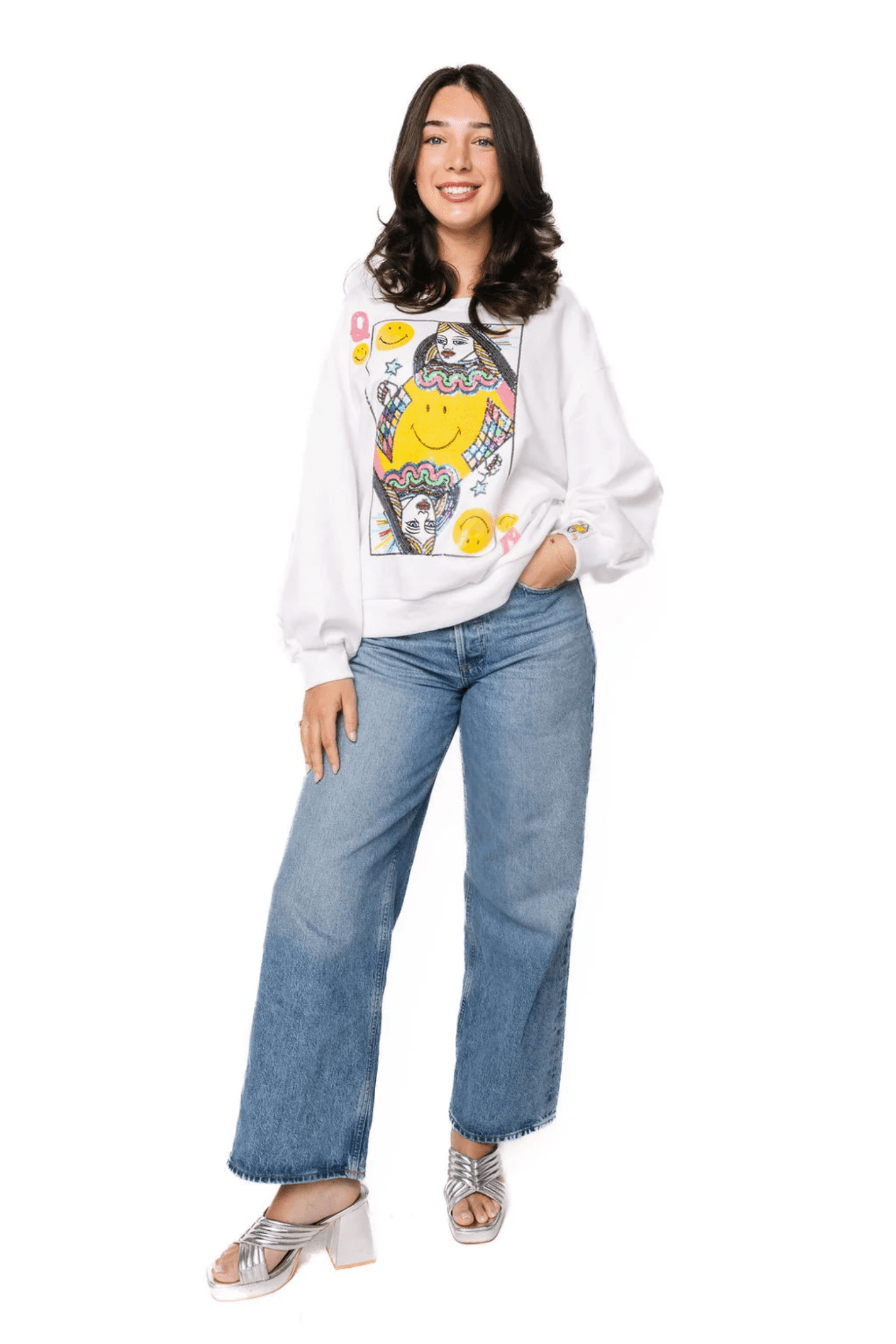 Licensed White Smiley Queen Card SweatshirtWomen - Tops - Sweatshirts & PopoversQueen of SparklesThe Printed Peach Savannah