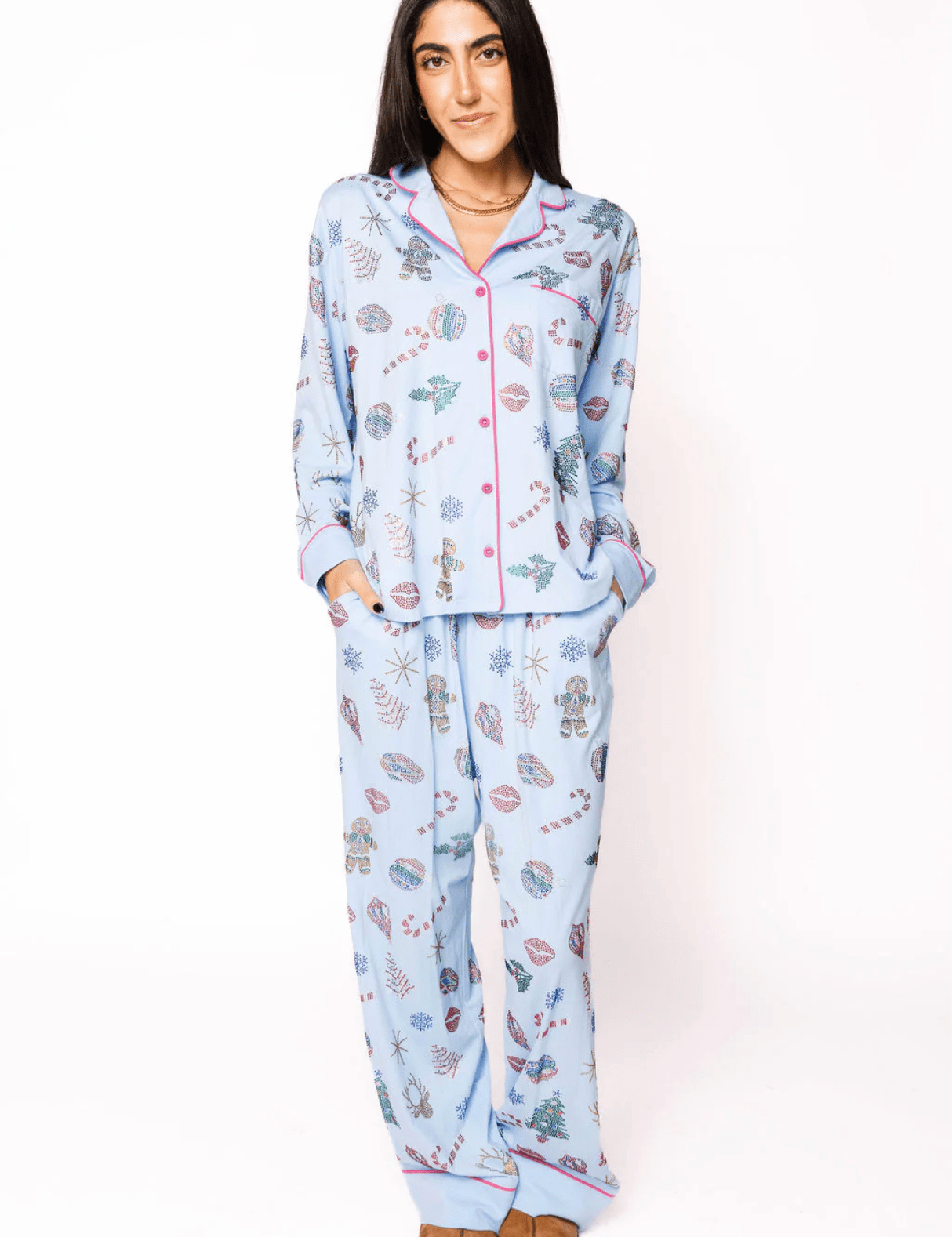 Light Blue Multi Christmas Icon Long Sleeve PJ Top and Pants SetWomen - Pajama PartyQueen of SparklesThe Printed Peach Savannah