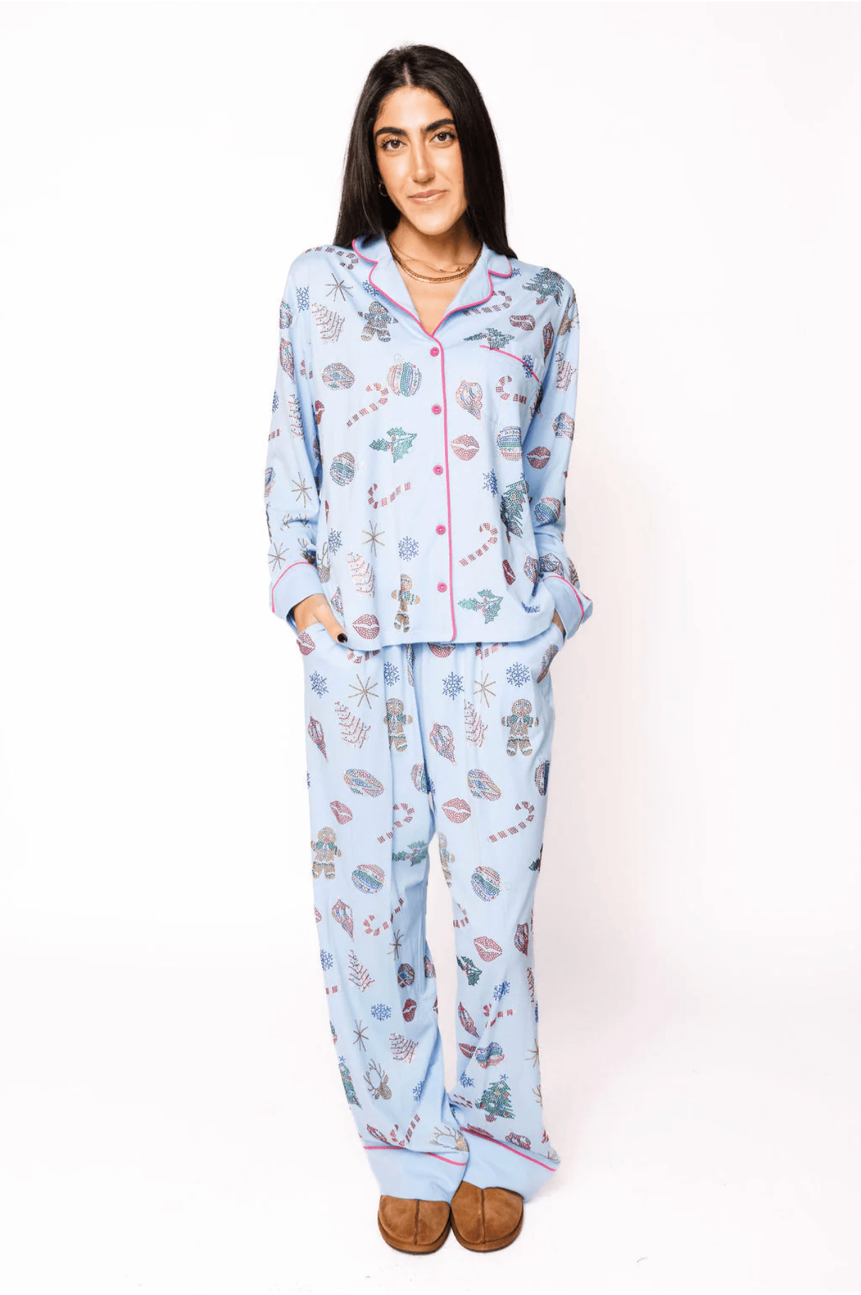 Light Blue Multi Christmas Icon Long Sleeve PJ Top and Pants SetWomen - Pajama PartyQueen of SparklesThe Printed Peach Savannah