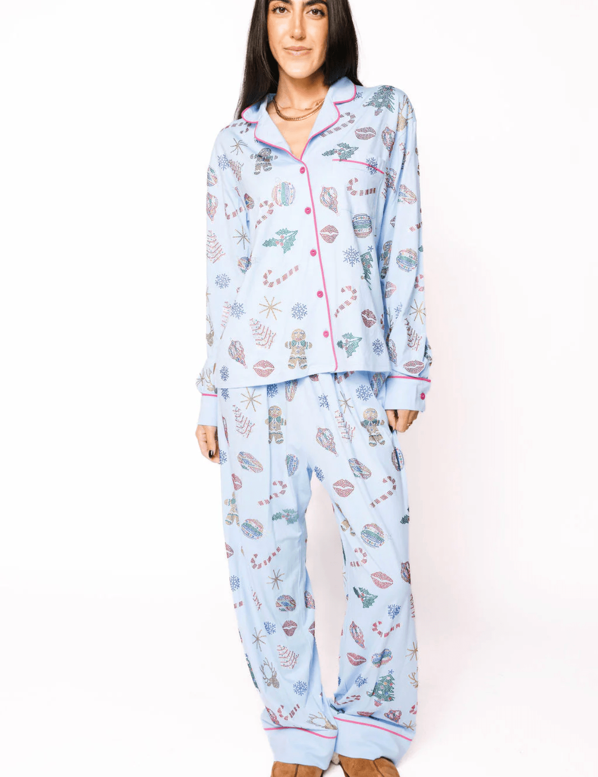 Light Blue Multi Christmas Icon Long Sleeve PJ Top and Pants SetWomen - Pajama PartyQueen of SparklesThe Printed Peach Savannah