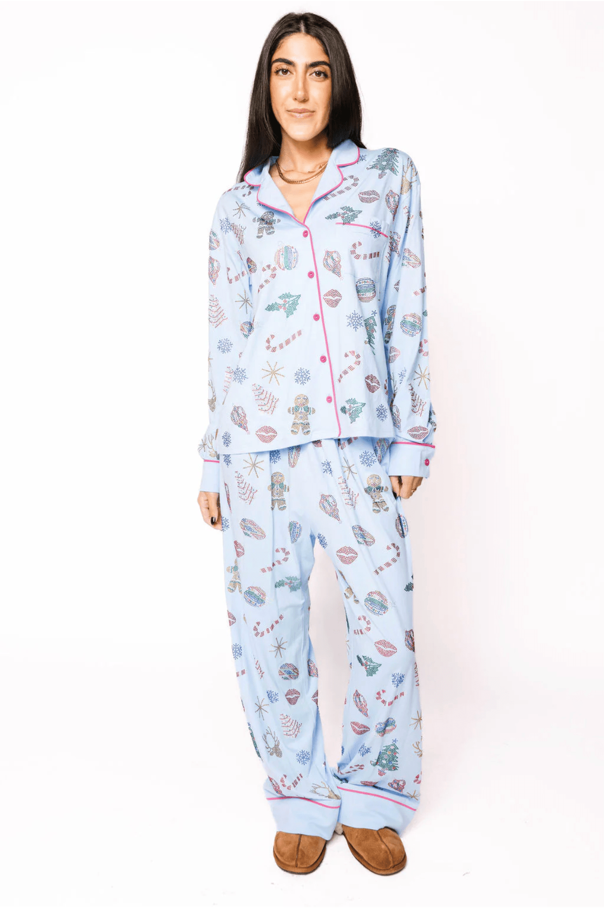 Light Blue Multi Christmas Icon Long Sleeve PJ Top and Pants SetWomen - Pajama PartyQueen of SparklesThe Printed Peach Savannah