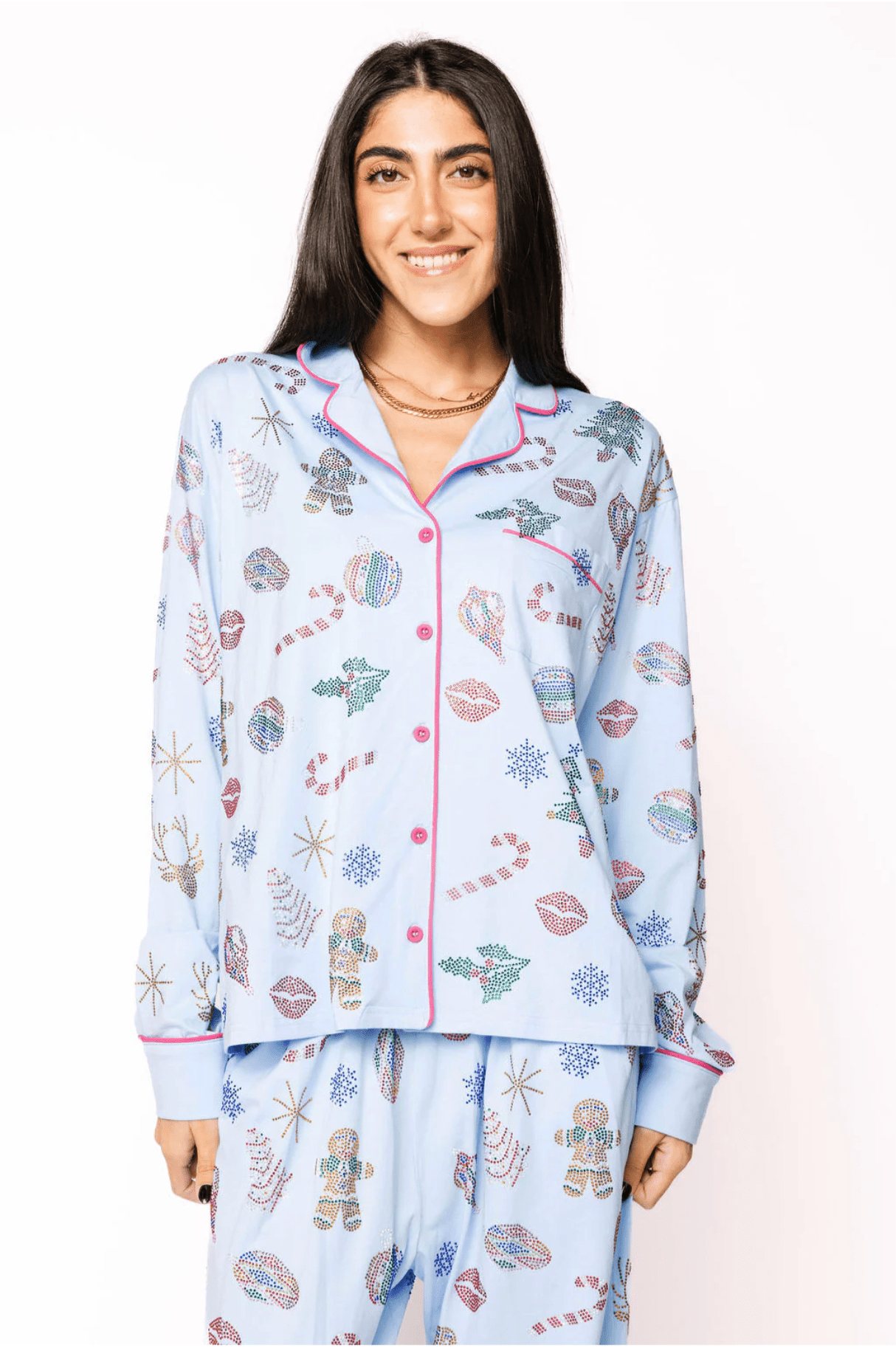Light Blue Multi Christmas Icon Long Sleeve PJ Top and Pants SetWomen - Pajama PartyQueen of SparklesThe Printed Peach Savannah