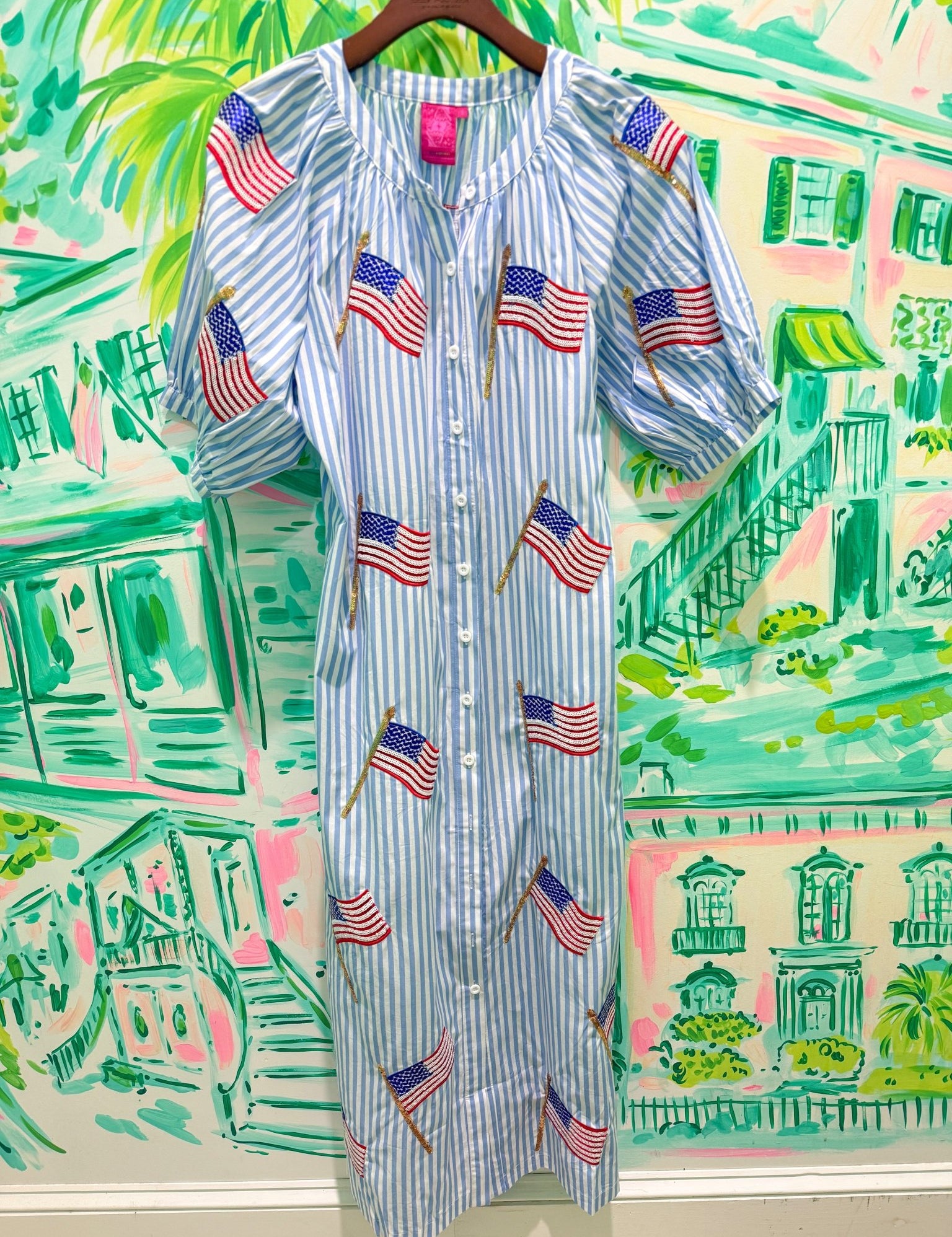 Light Blue & White Striped American Flag Cotton Button Up Midi DressQueen of SparklesThe Printed Peach Savannah