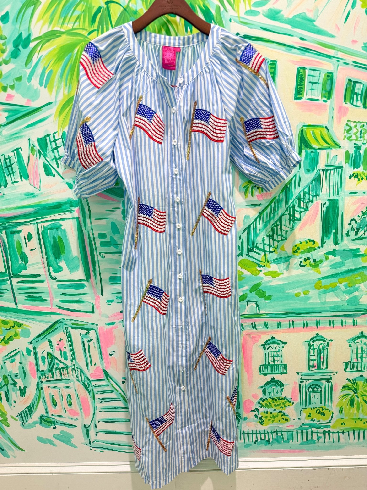 Light Blue & White Striped American Flag Cotton Button Up Midi DressQueen of SparklesThe Printed Peach Savannah
