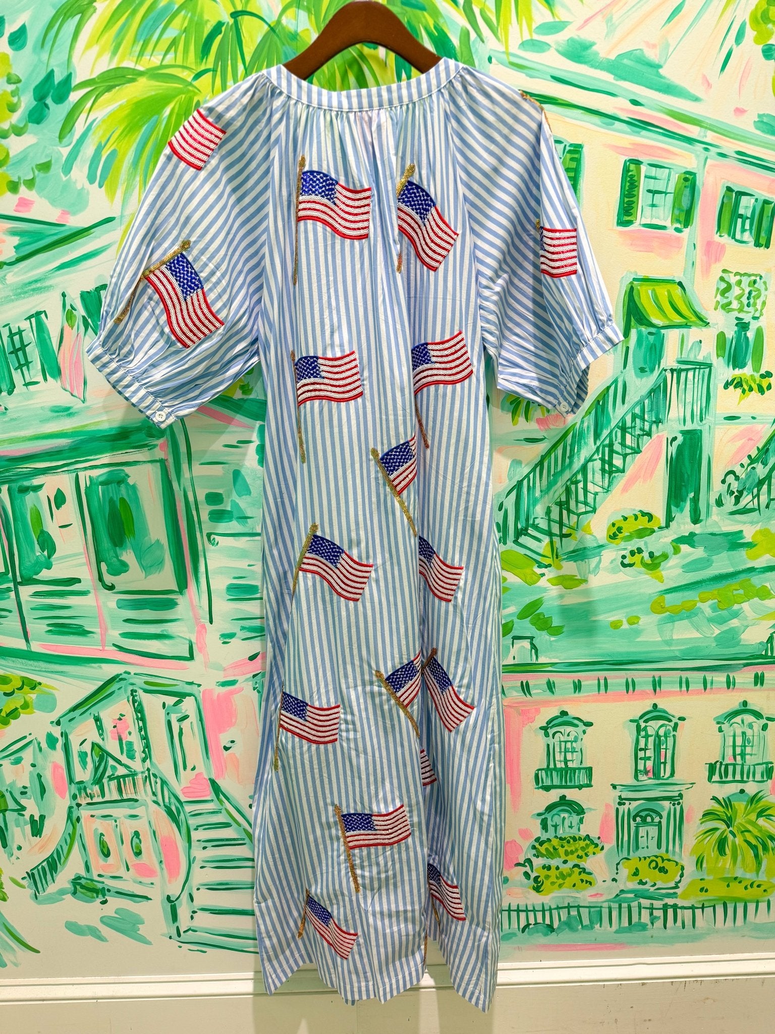 Light Blue & White Striped American Flag Cotton Button Up Midi DressQueen of SparklesThe Printed Peach Savannah