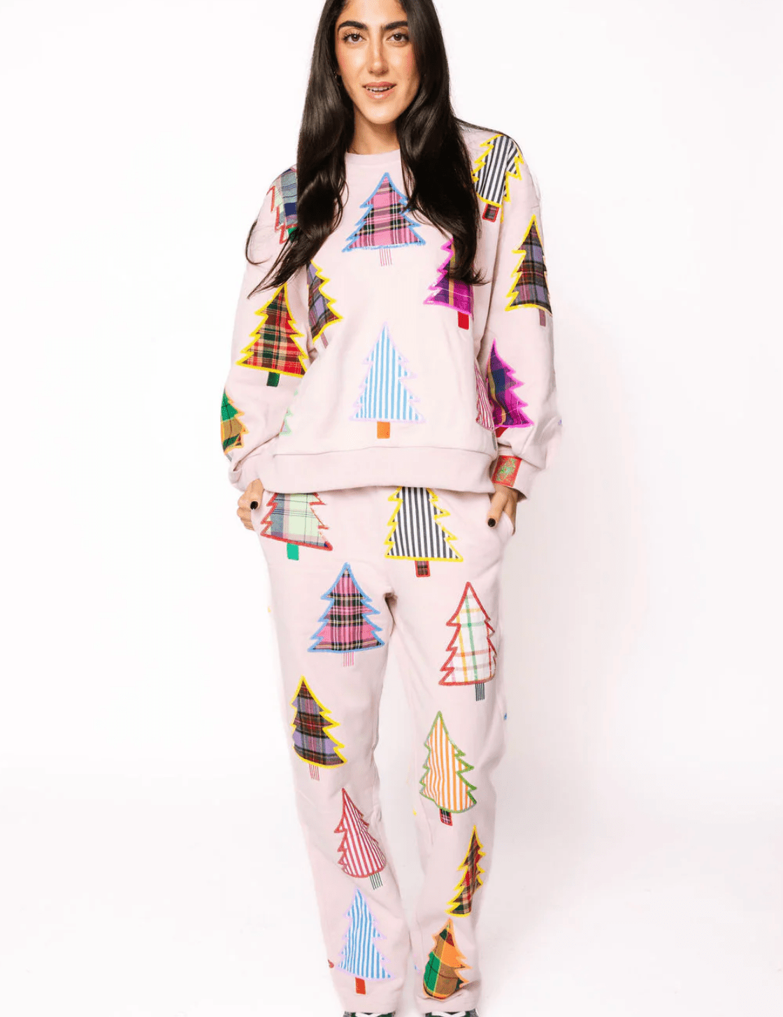 Light Pink Multi Plaid & Stripe Christmas Tree SweatpantWomen - BottomsQueen of SparklesThe Printed Peach Savannah