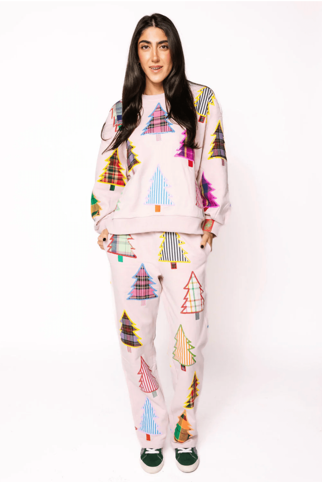 Light Pink Multi Plaid & Stripe Christmas Tree SweatpantWomen - BottomsQueen of SparklesThe Printed Peach Savannah