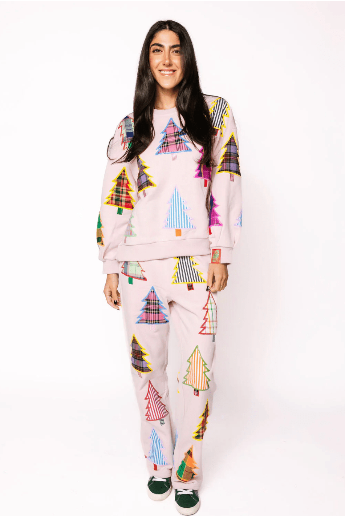 Light Pink Multi Plaid & Stripe Christmas Tree SweatpantWomen - BottomsQueen of SparklesThe Printed Peach Savannah