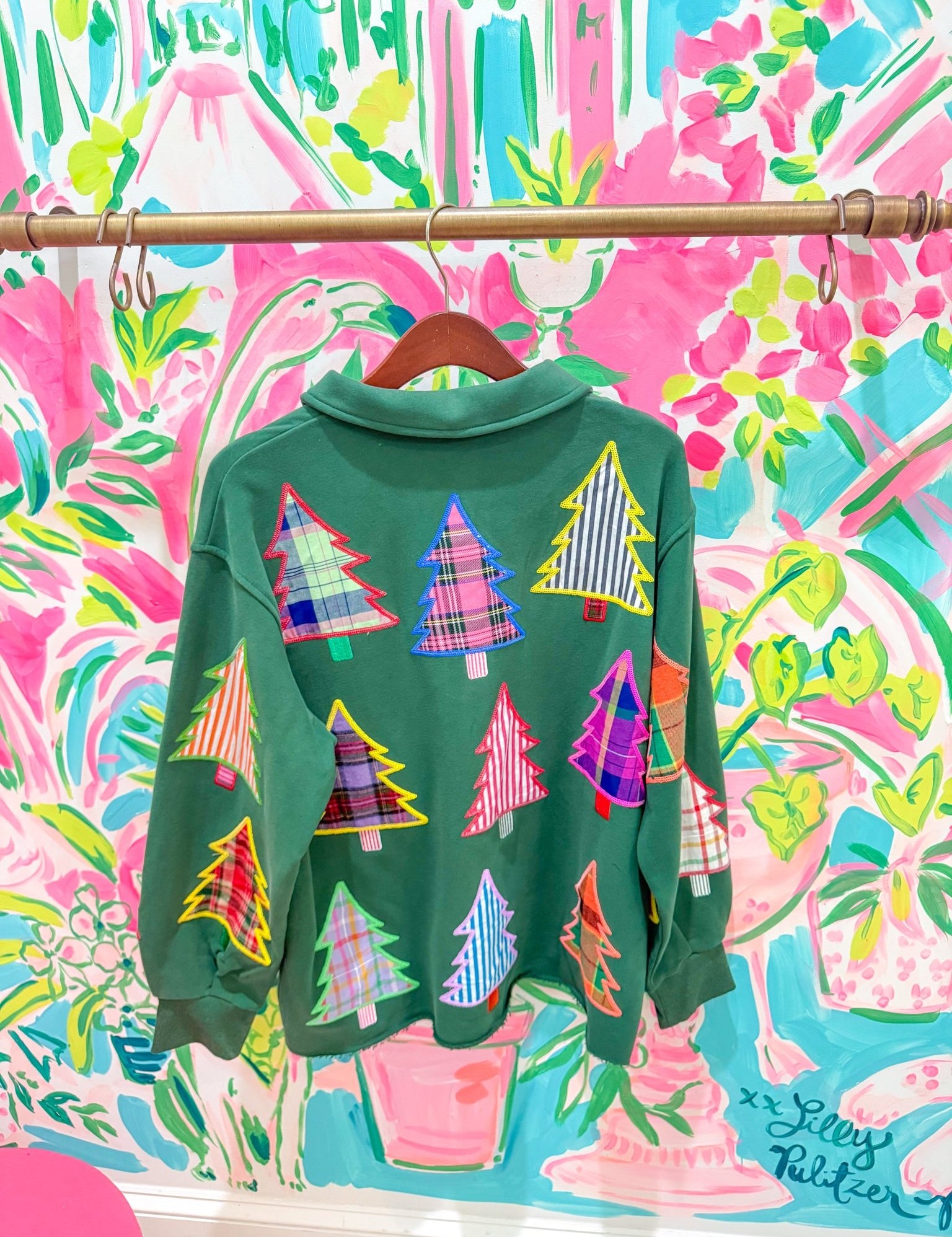 Light Pink Multi Plaid & Stripe Christmas Tree SweatshirtQueen of SparklesThe Printed Peach Savannah