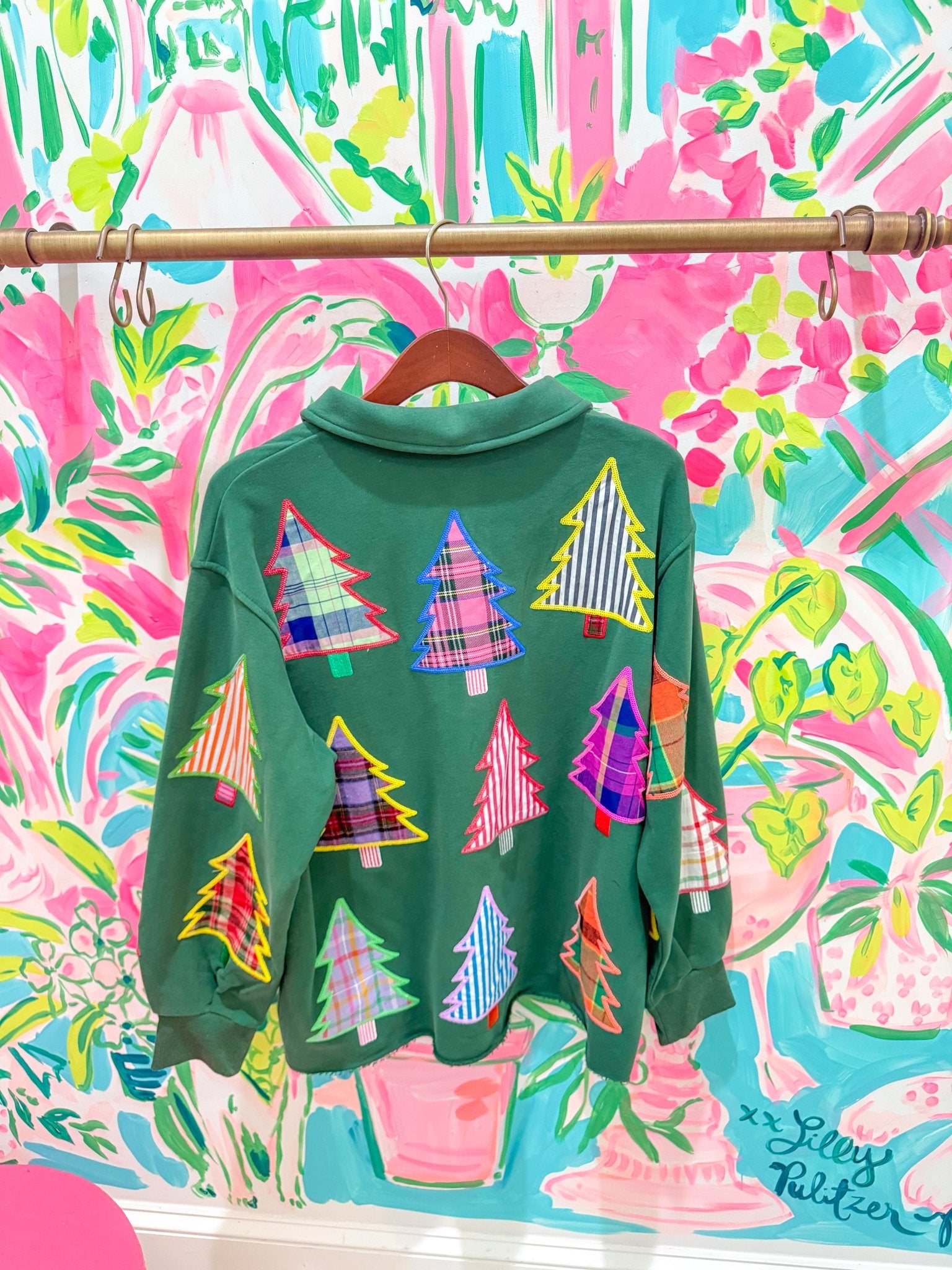 Light Pink Multi Plaid & Stripe Christmas Tree SweatshirtQueen of SparklesThe Printed Peach Savannah