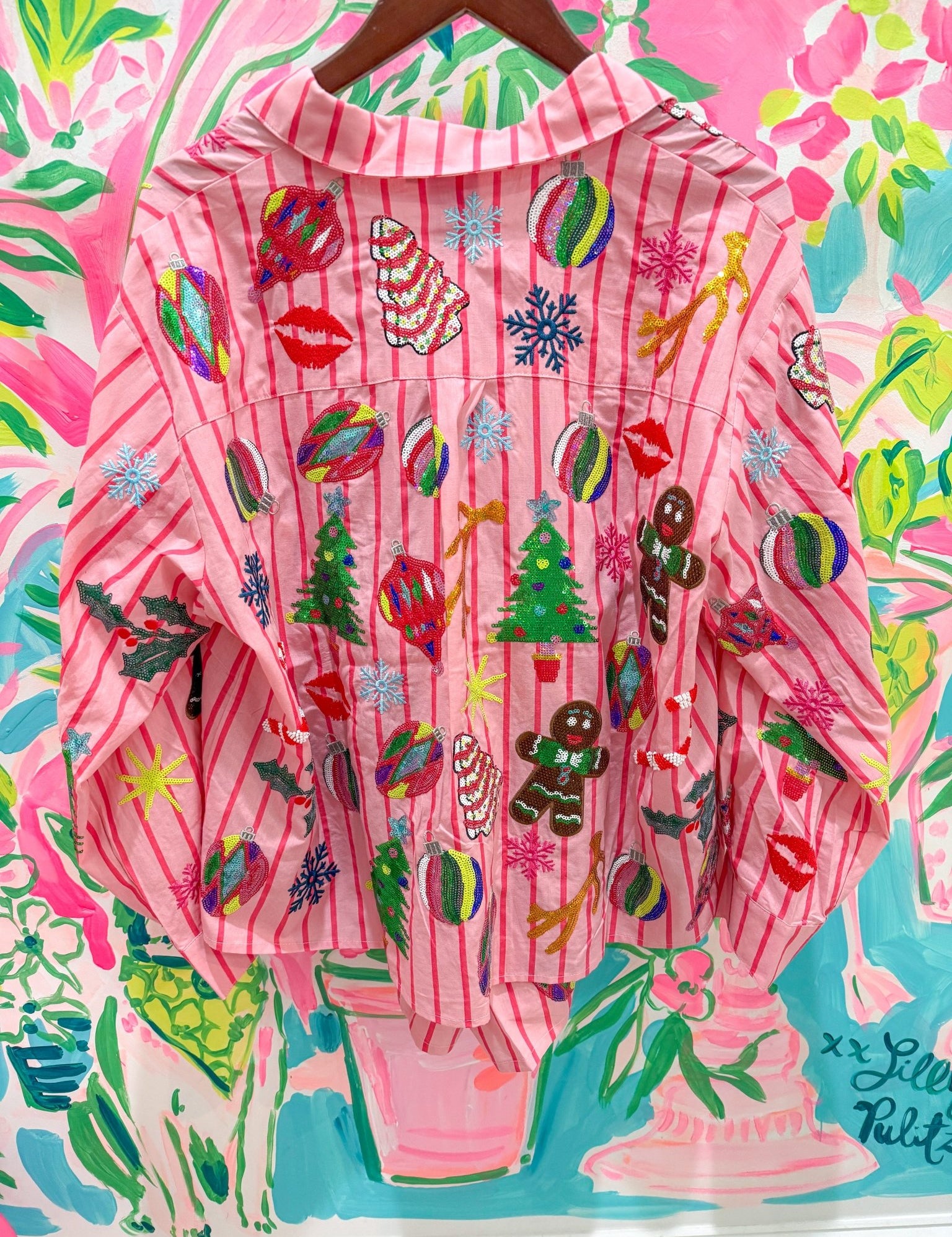 Light Pink & Red Stripe Christmas Icons Button Up Top and Shorts SetQueen of SparklesThe Printed Peach Savannah