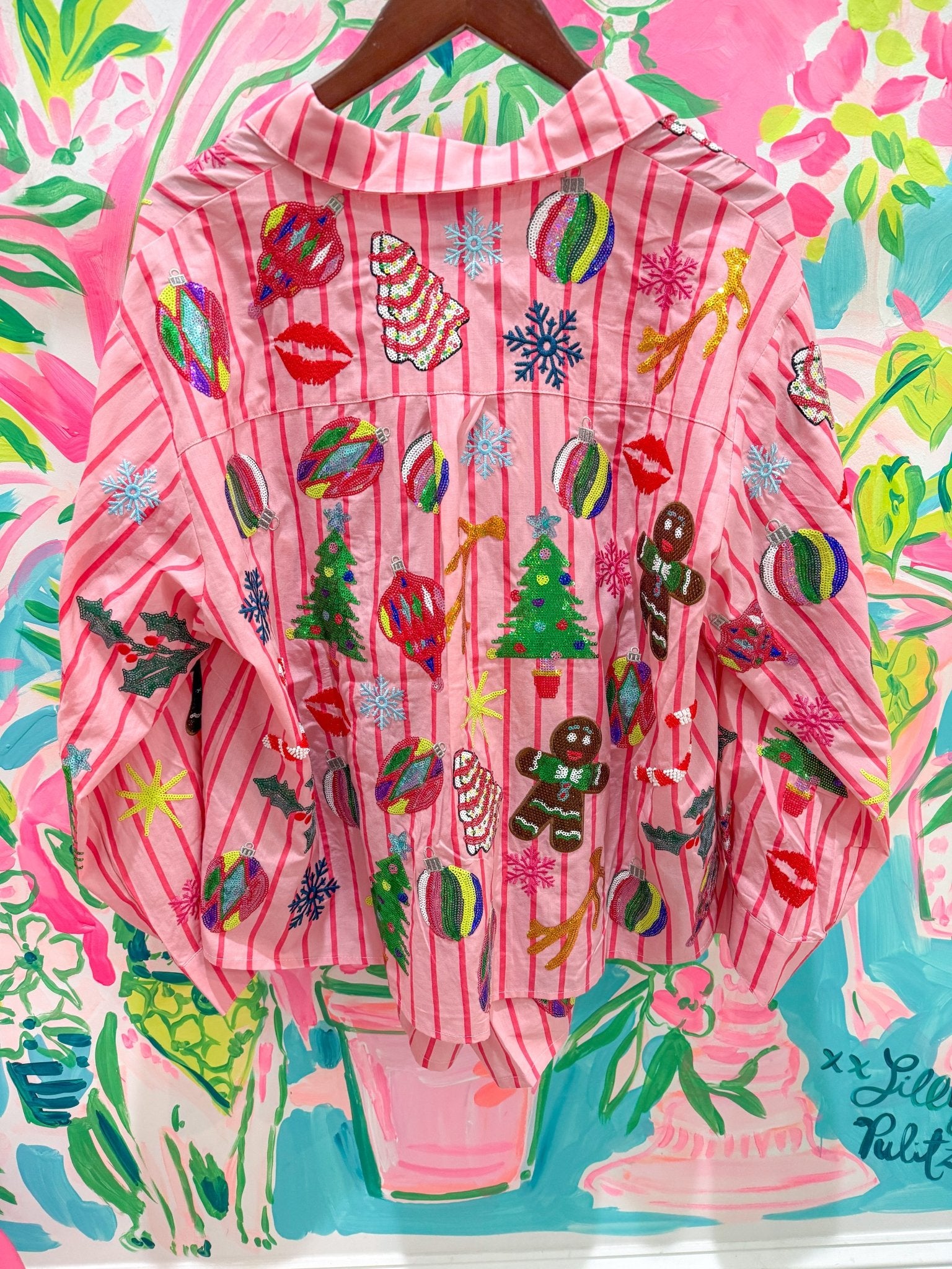 Light Pink & Red Stripe Christmas Icons Button Up Top and Shorts SetQueen of SparklesThe Printed Peach Savannah