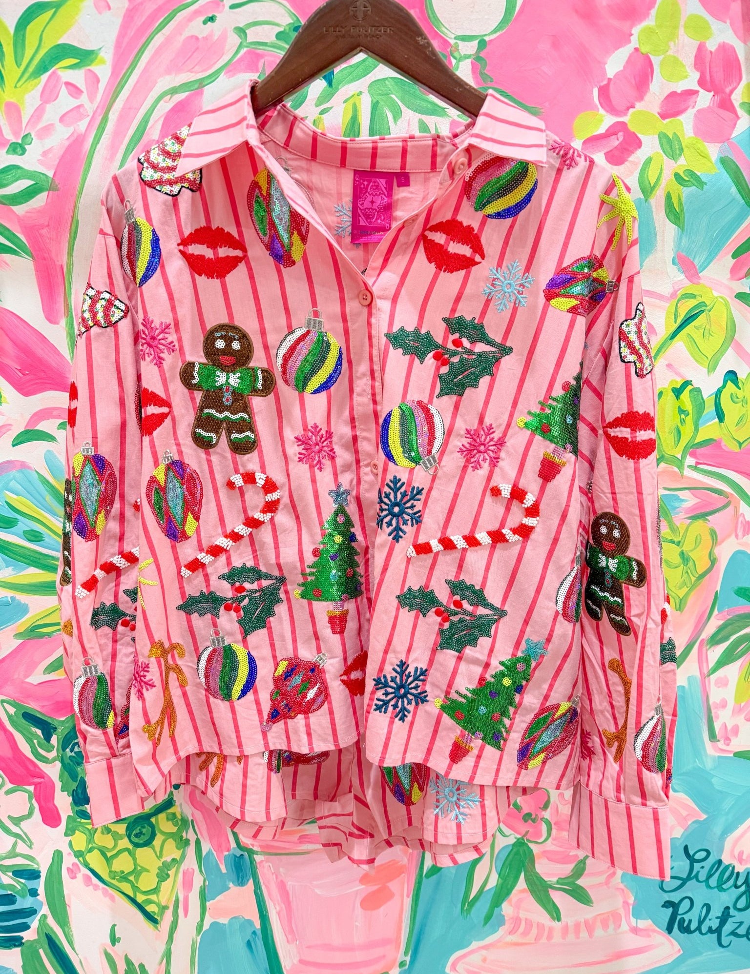 Light Pink & Red Stripe Christmas Icons Button Up Top and Shorts SetQueen of SparklesThe Printed Peach Savannah