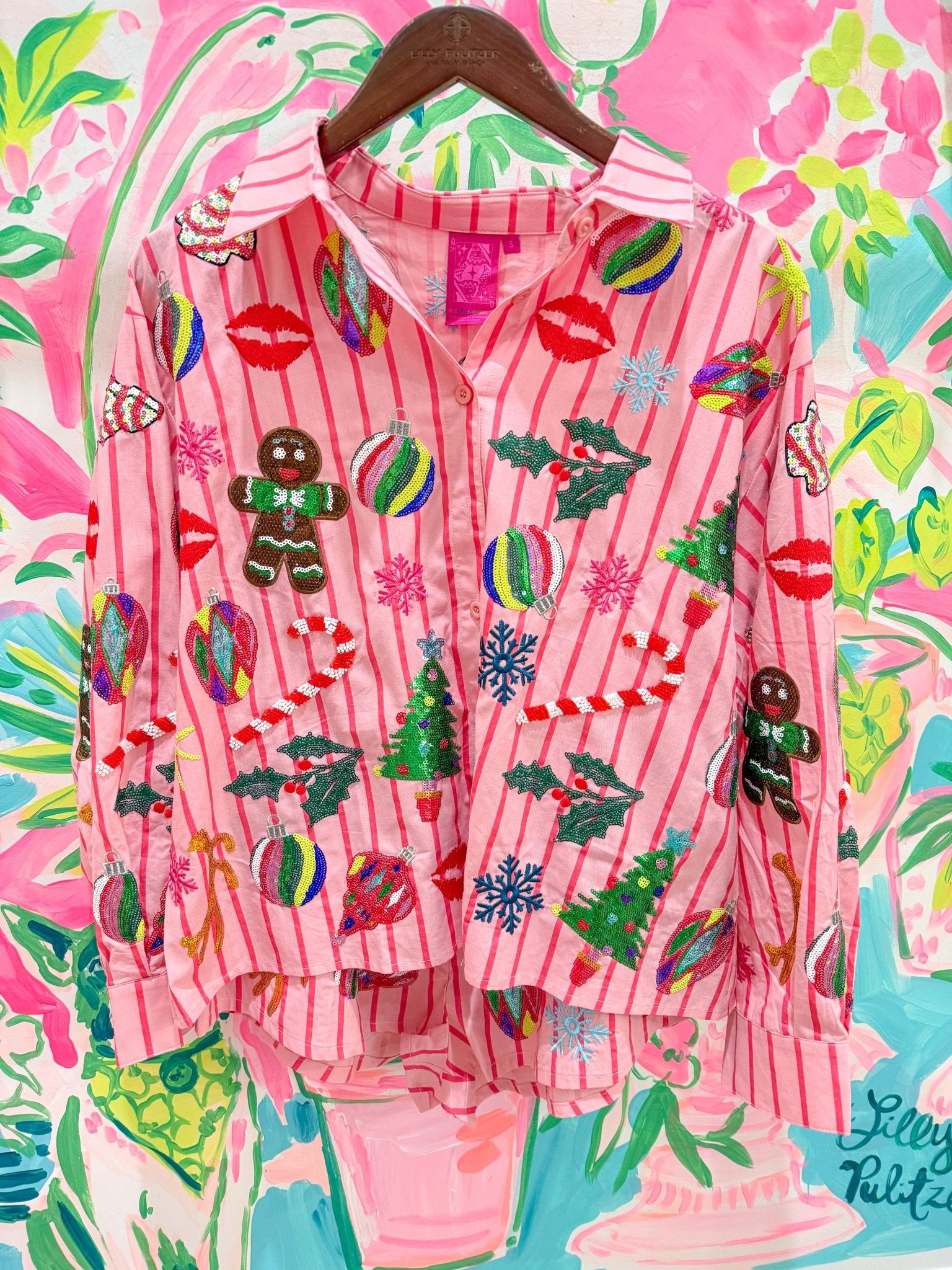 Light Pink & Red Stripe Christmas Icons Button Up Top and Shorts SetQueen of SparklesThe Printed Peach Savannah